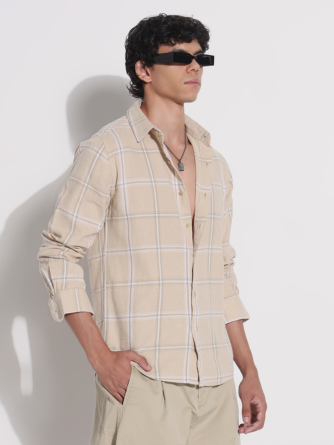 Men's Beige Checked Relaxed Fit Shirt