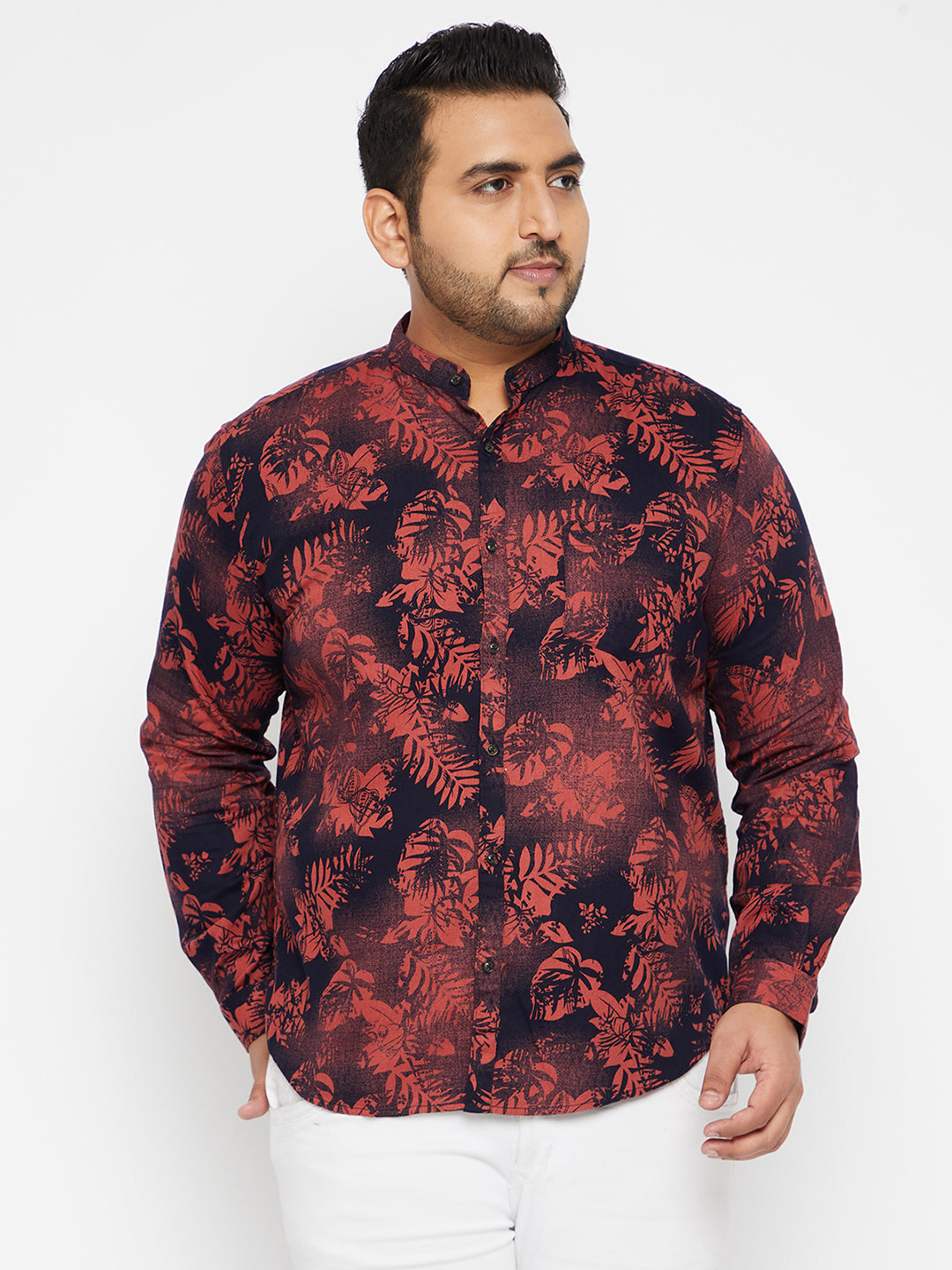 Men's Floral Navy Blue Mandarin Collar Regular Fit Shirt
