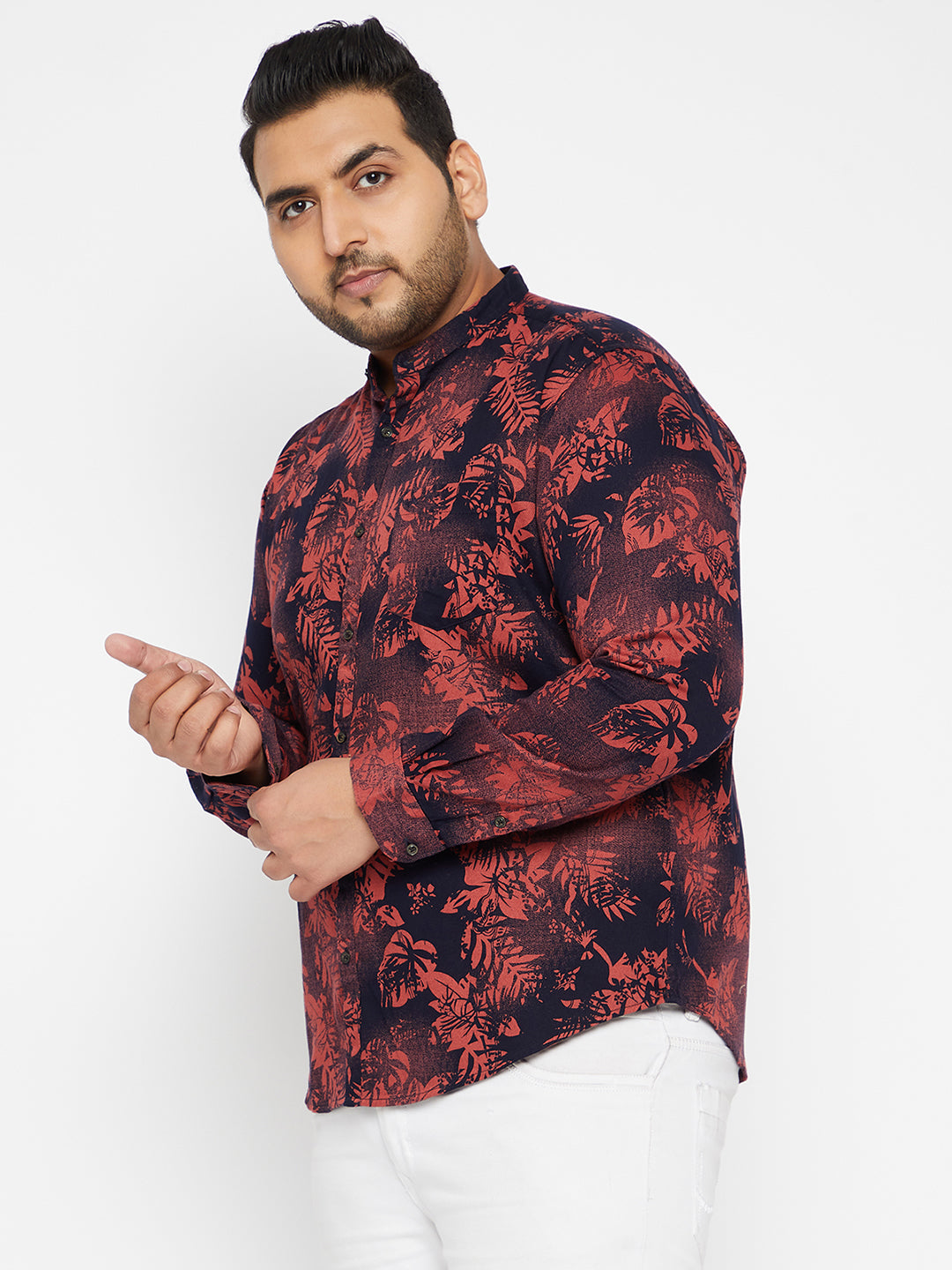 Men's Floral Navy Blue Mandarin Collar Regular Fit Shirt