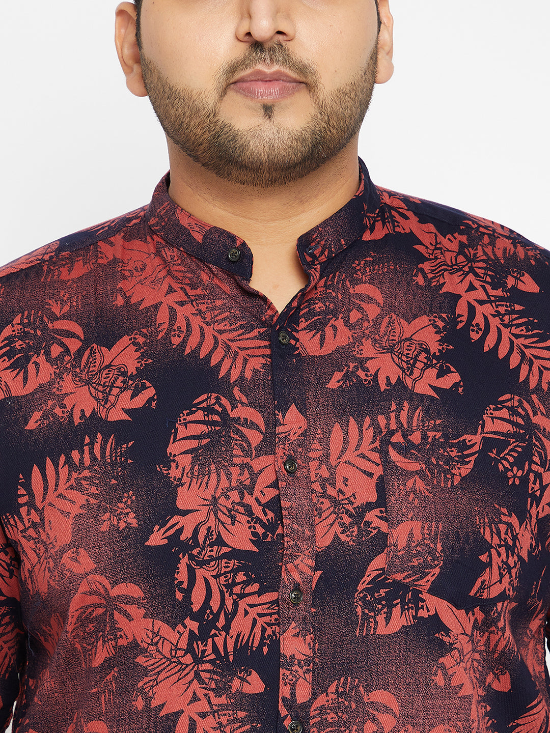 Men's Floral Navy Blue Mandarin Collar Regular Fit Shirt