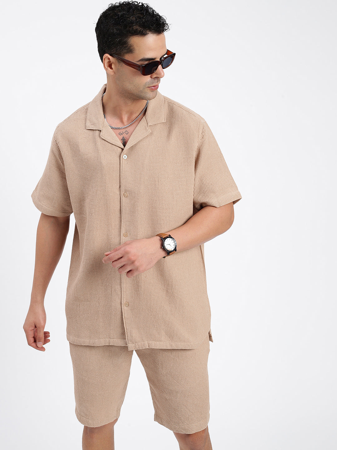 Men Solid Beige Co Ords Set