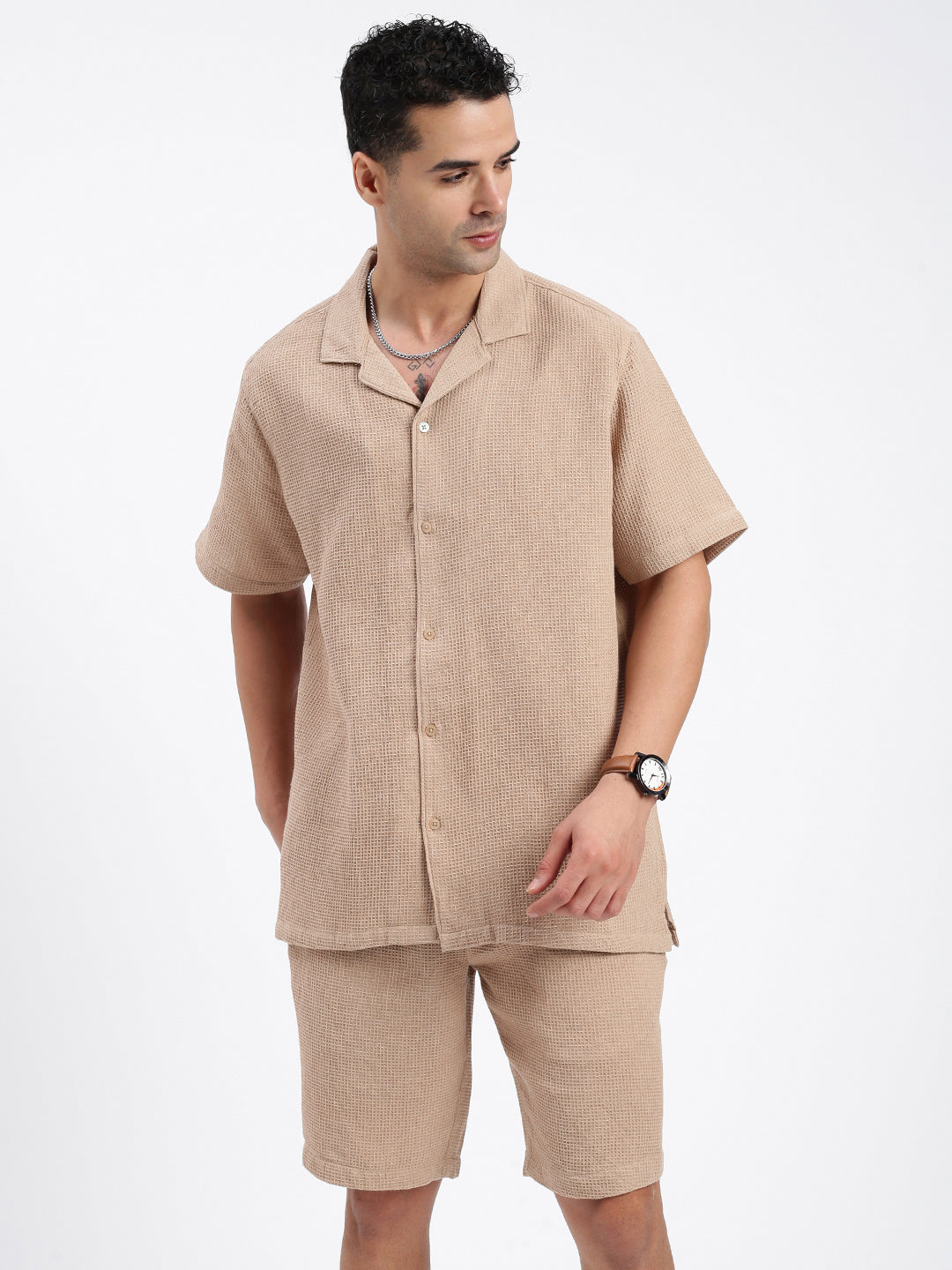 Men Solid Beige Co Ords Set