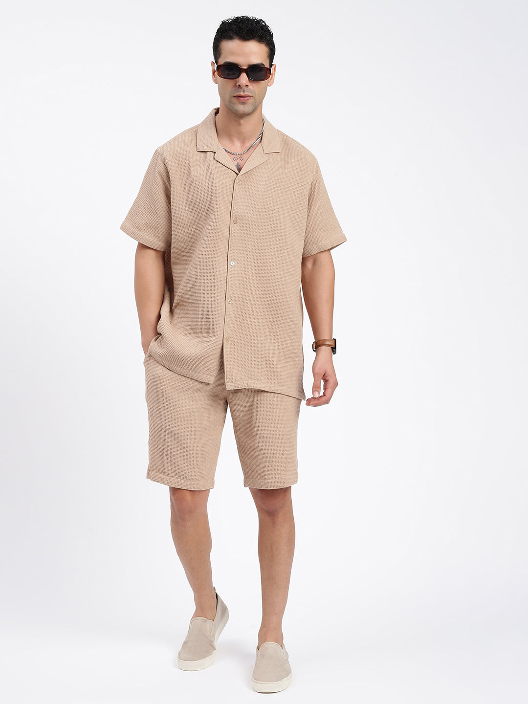 Men Solid Beige Co Ords Set