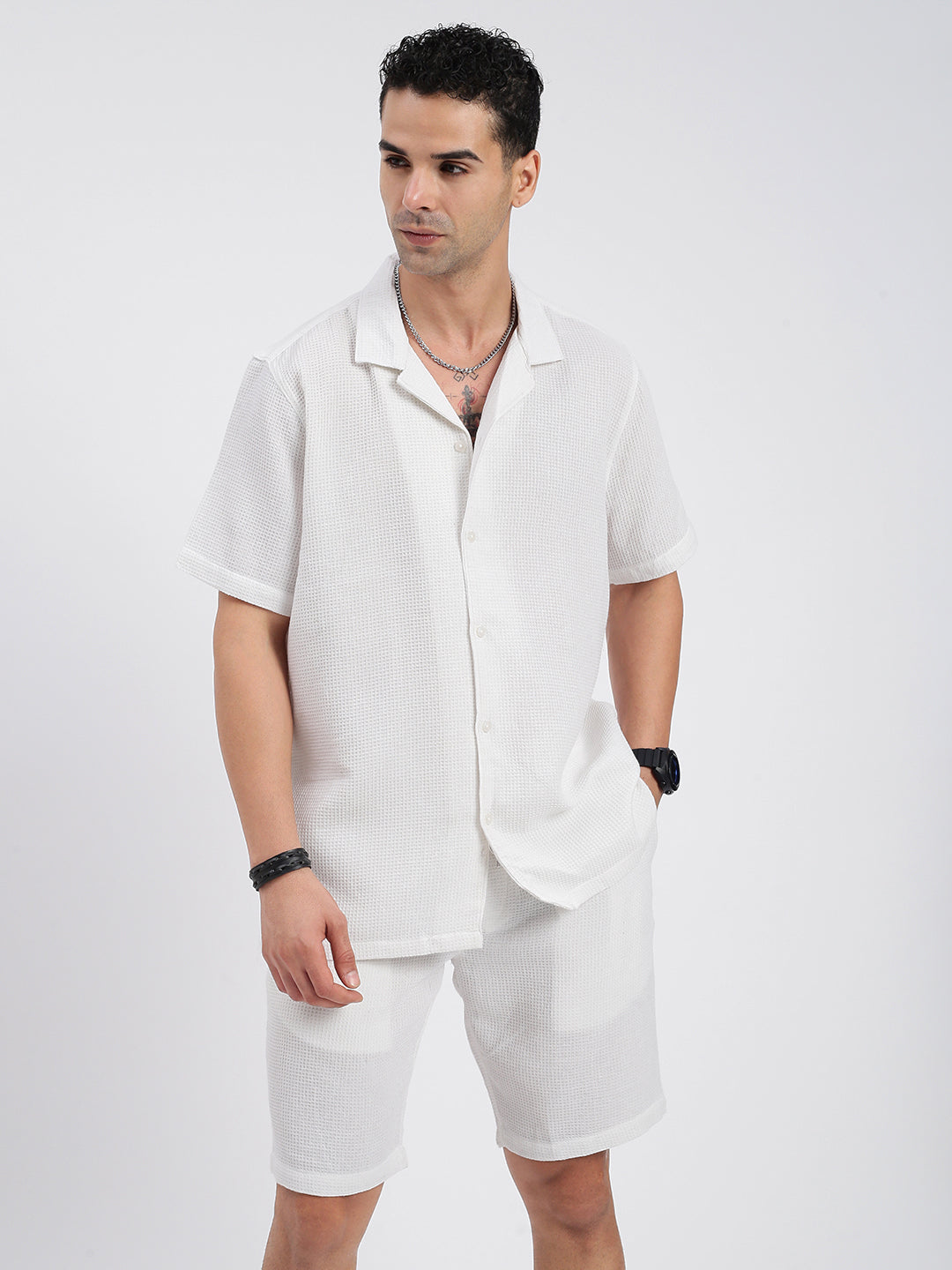 Men Solid White Co Ords Set