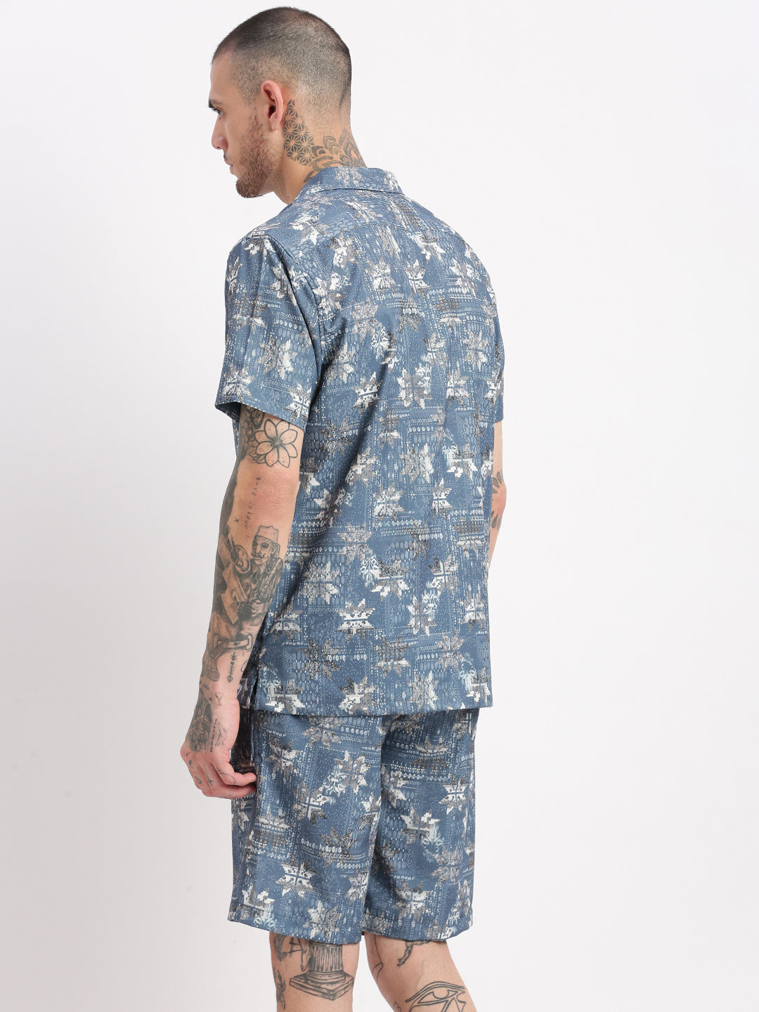 Men Abstract Cuban Collar Blue Co-Ords Set