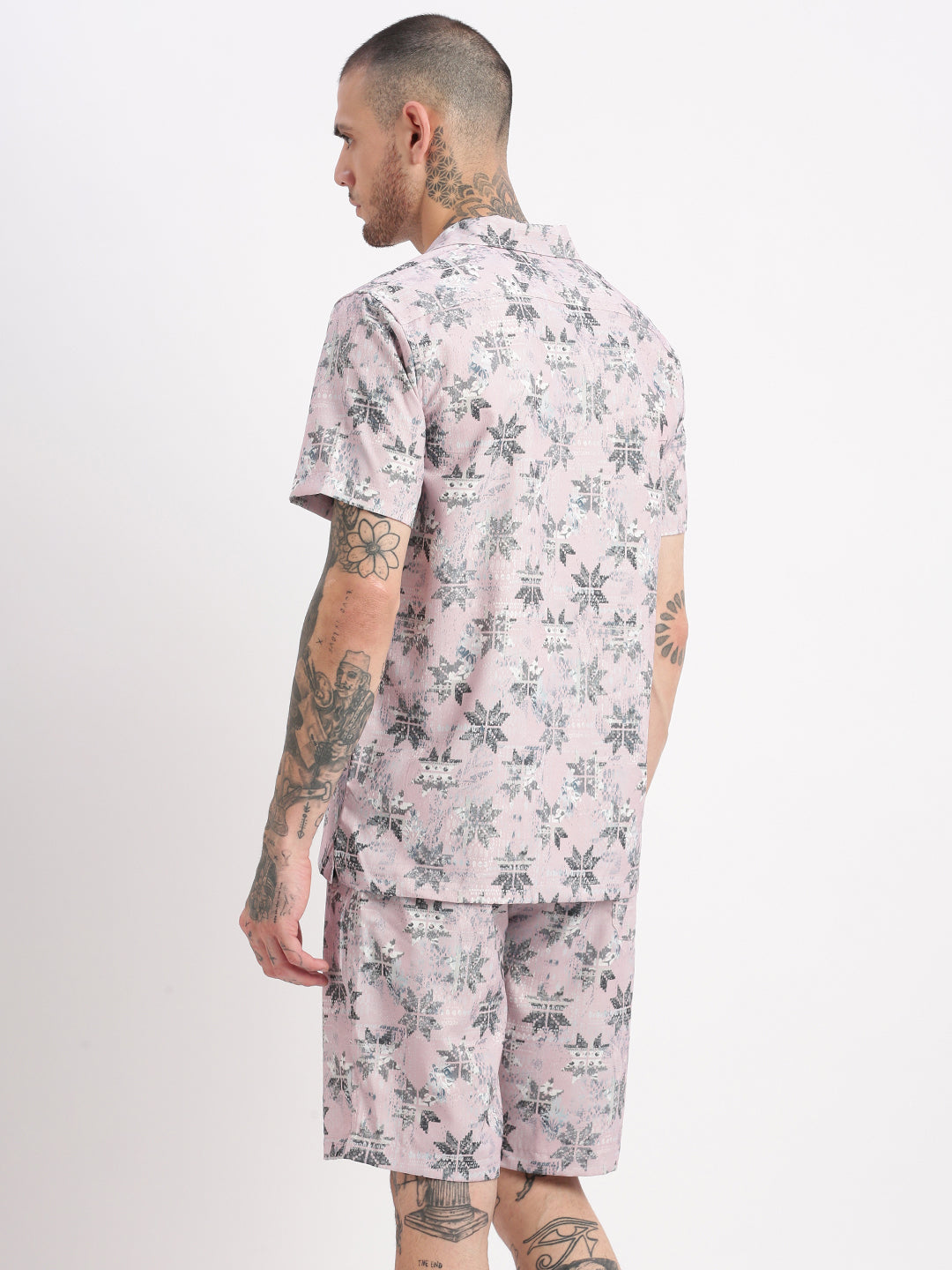 Men Abstract Cuban Collar Pink Co-Ords Set