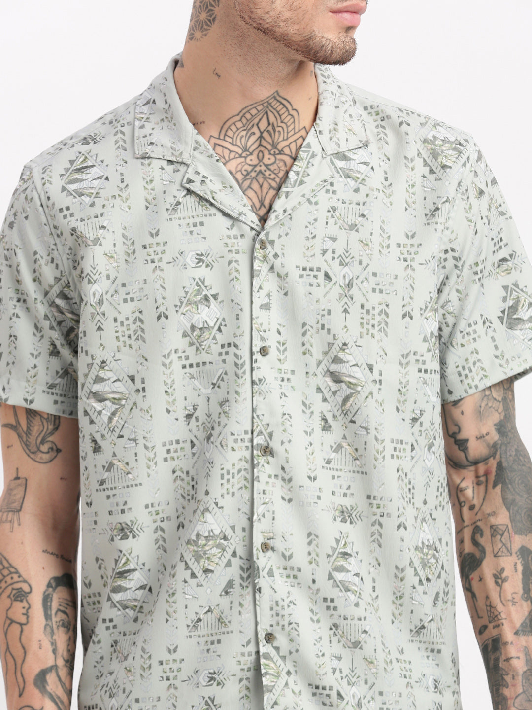 Men Geometric Print Cuban Collar Sea Green Co-Ords Set