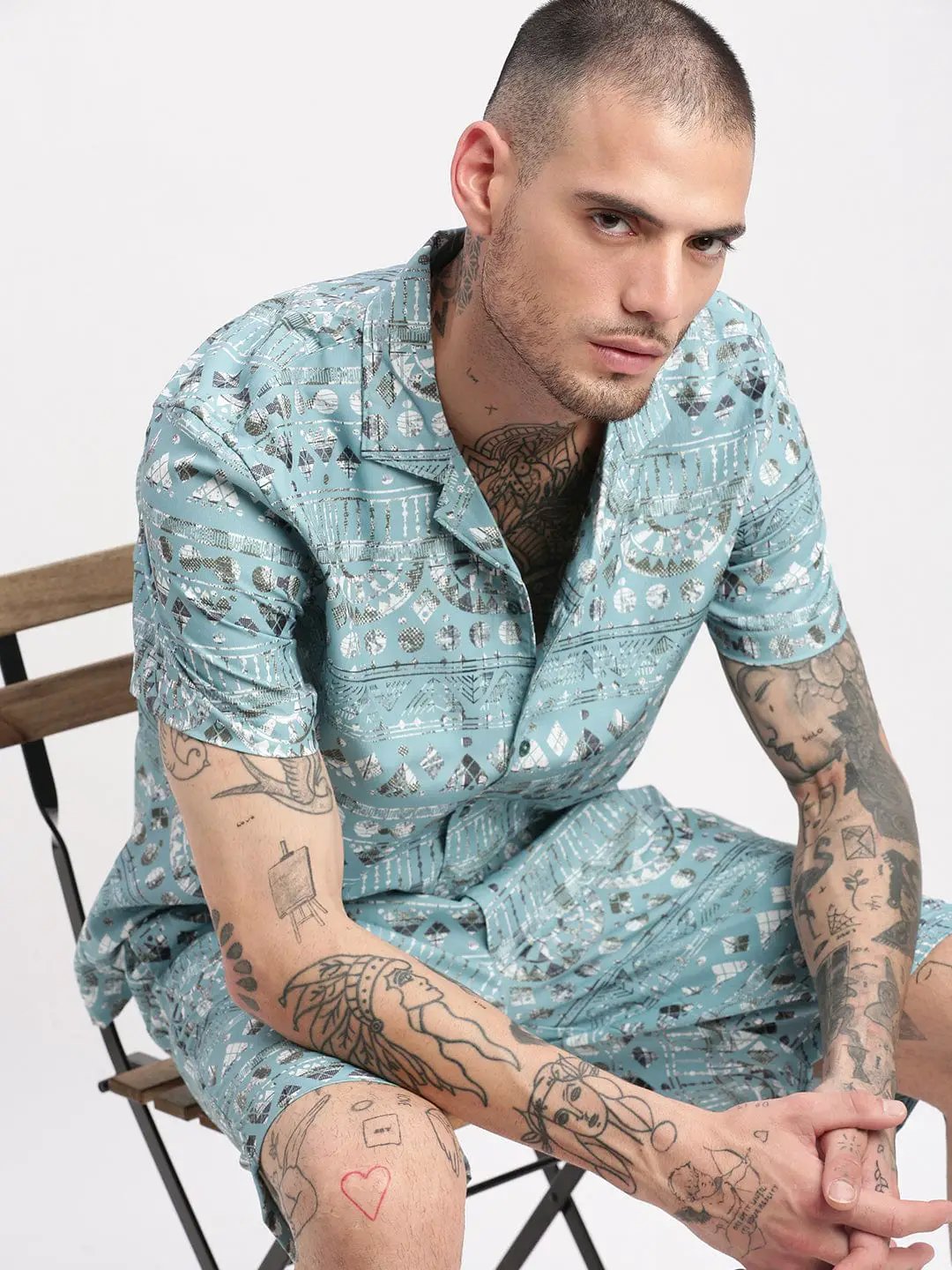 Men's Geometric Print Cuban Collar Turquoise Blue Co-Ords Set