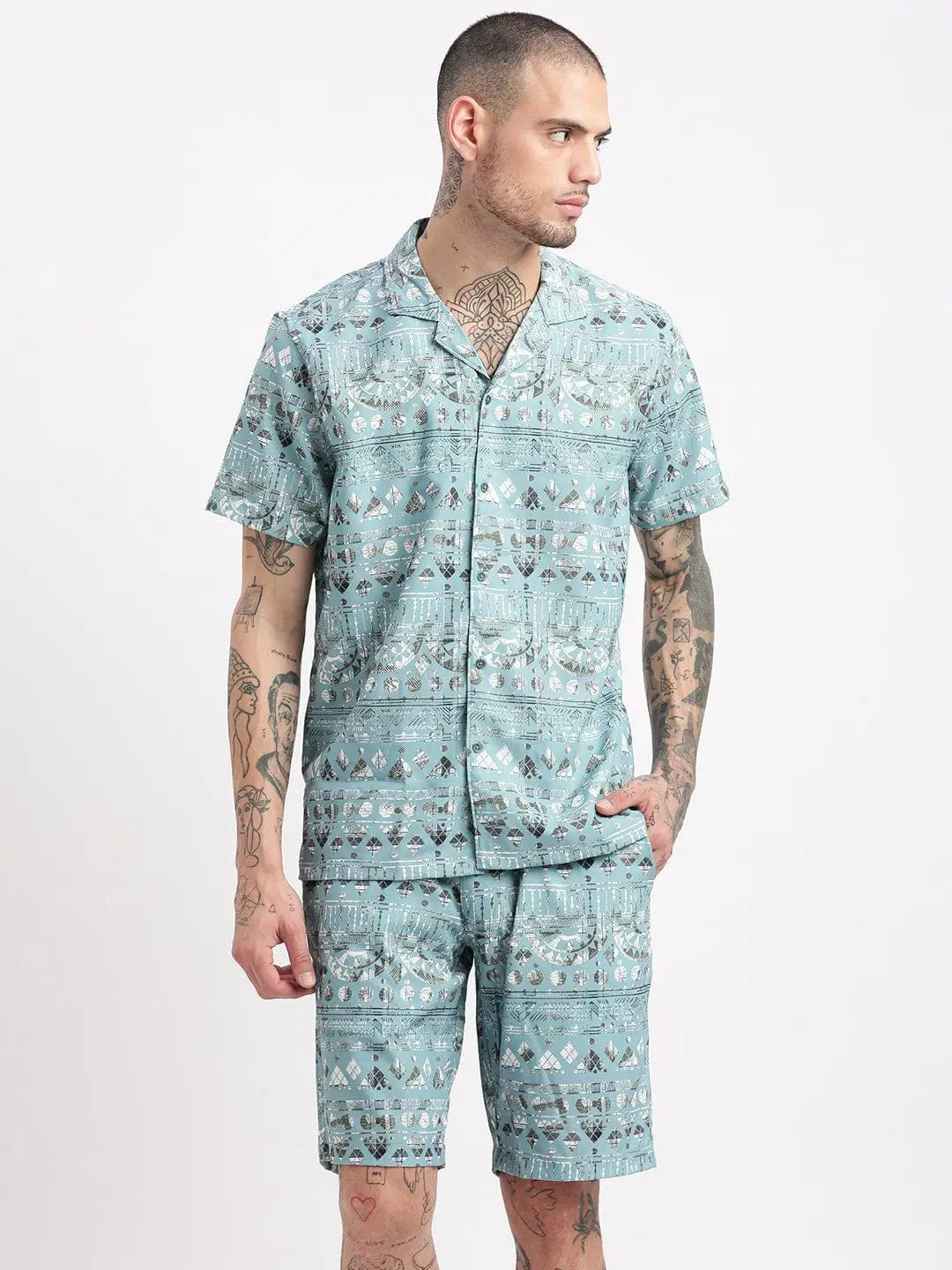 Men's Geometric Print Cuban Collar Turquoise Blue Co-Ords Set