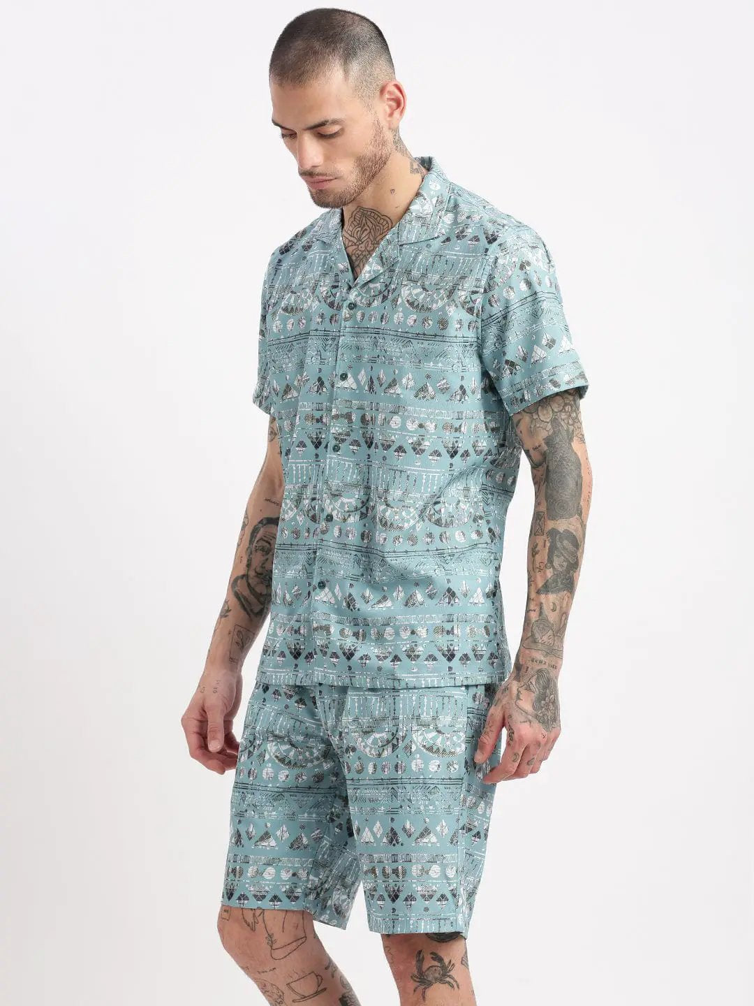 Men's Geometric Print Cuban Collar Turquoise Blue Co-Ords Set