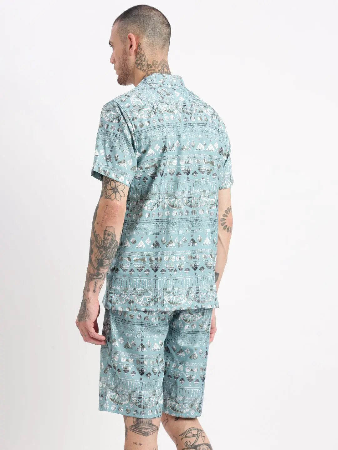Men's Geometric Print Cuban Collar Turquoise Blue Co-Ords Set