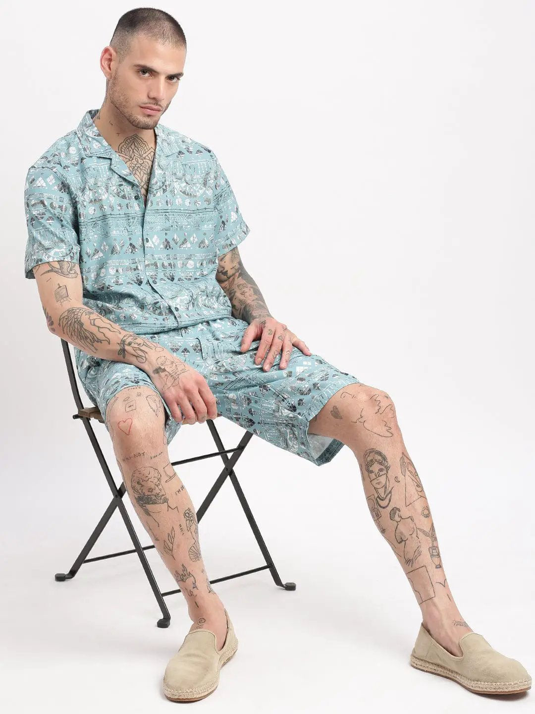 Men's Geometric Print Cuban Collar Turquoise Blue Co-Ords Set