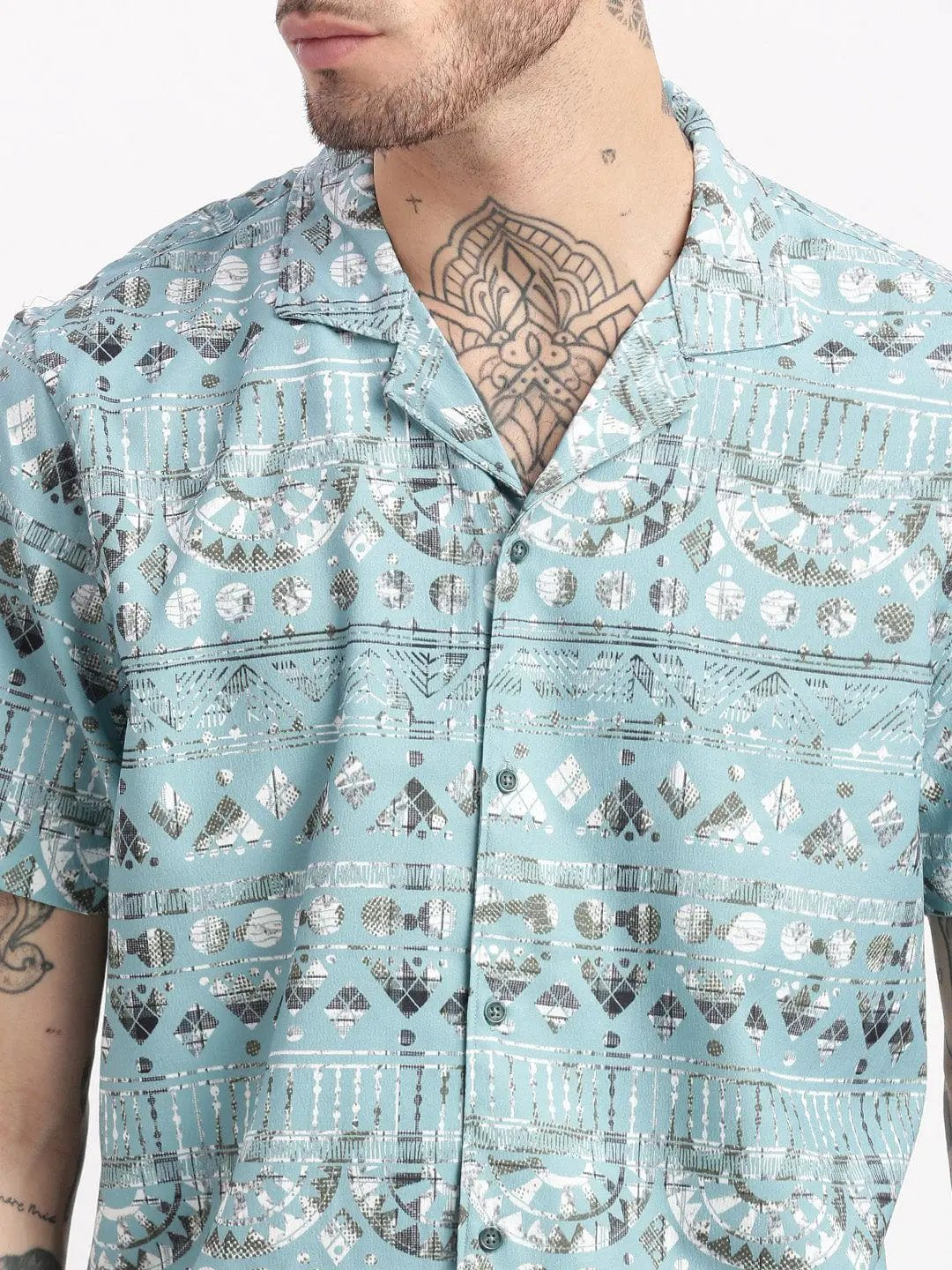 Men's Geometric Print Cuban Collar Turquoise Blue Co-Ords Set