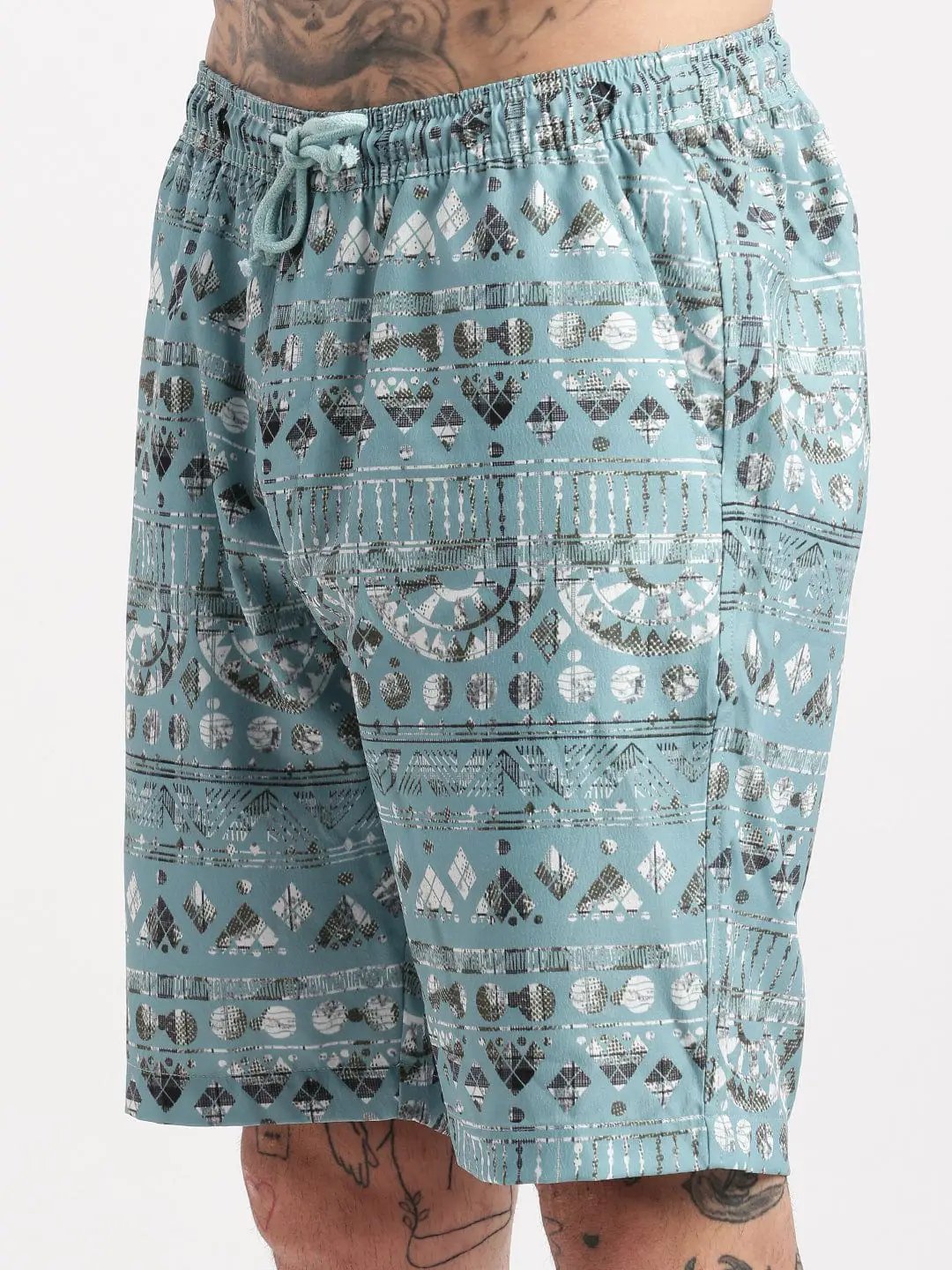 Men's Geometric Print Cuban Collar Turquoise Blue Co-Ords Set