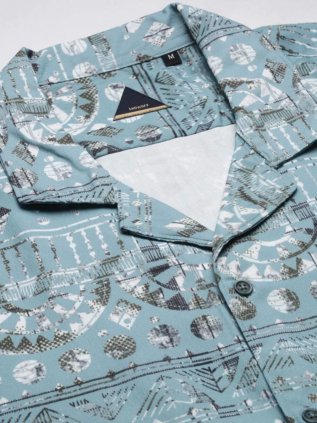 Men's Geometric Print Cuban Collar Turquoise Blue Co-Ords Set