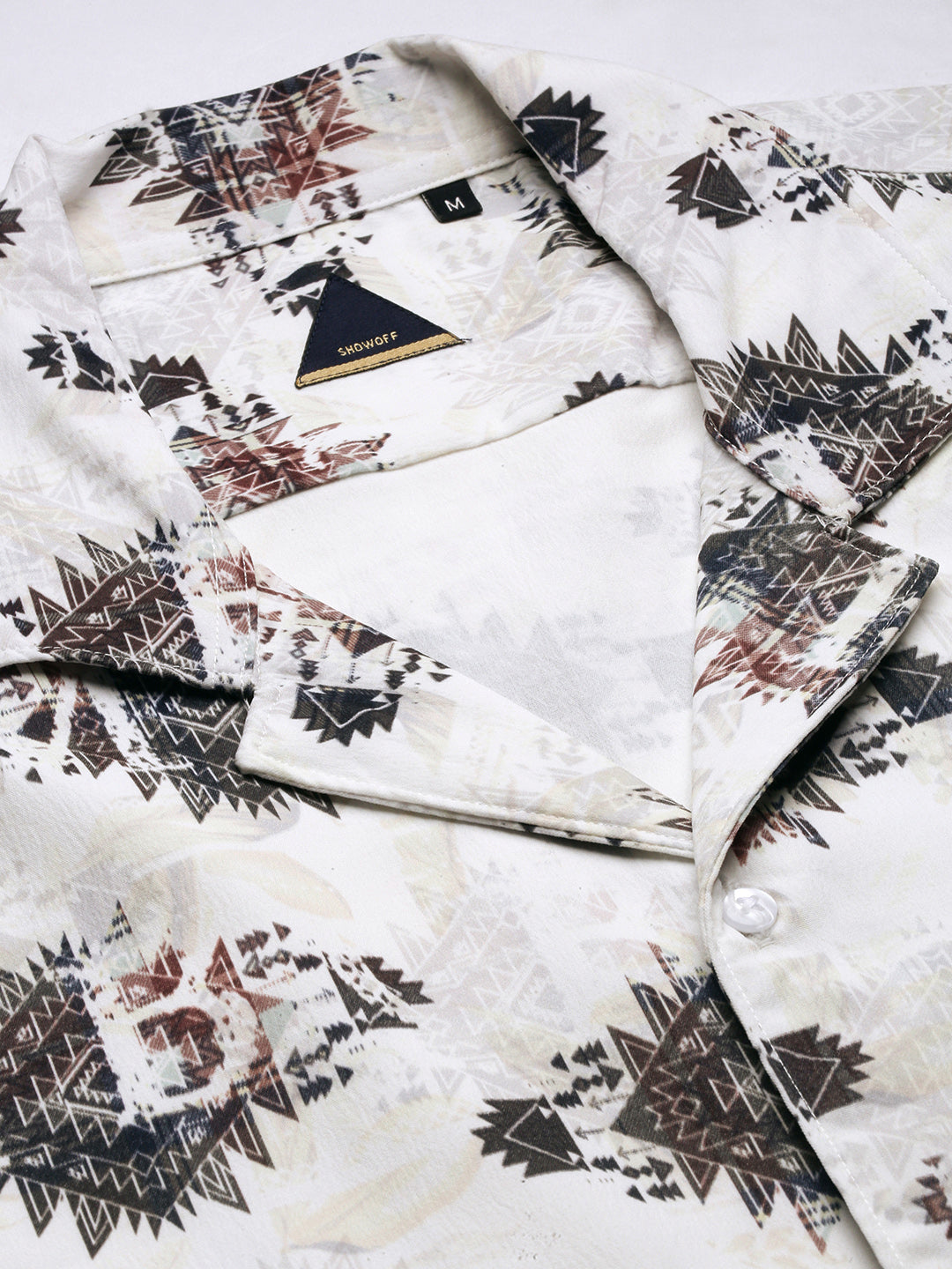 Men Geometric Print Cuban Collar White Co-Ords Set