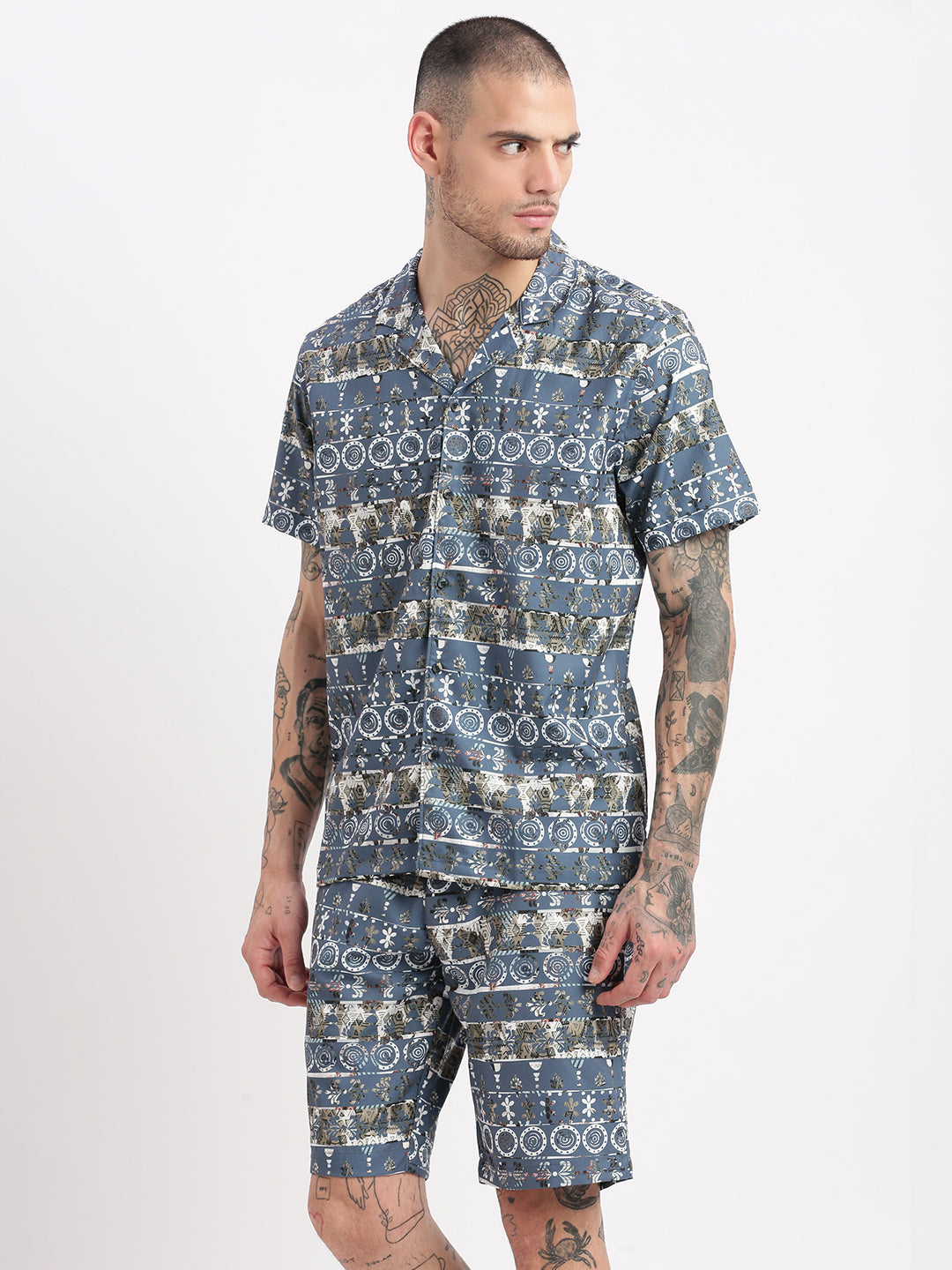 Men Abstract Cuban Collar Teal Co-Ords Set