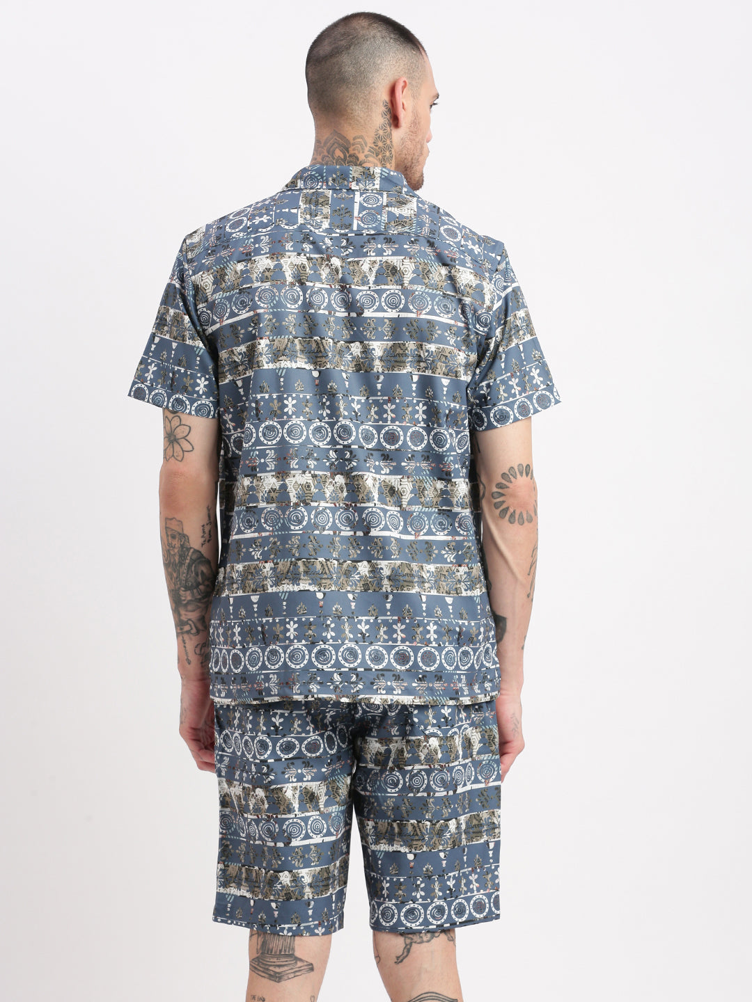 Men Abstract Cuban Collar Teal Co-Ords Set