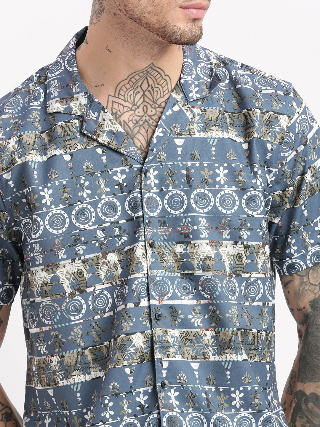 Men Abstract Cuban Collar Teal Co-Ords Set