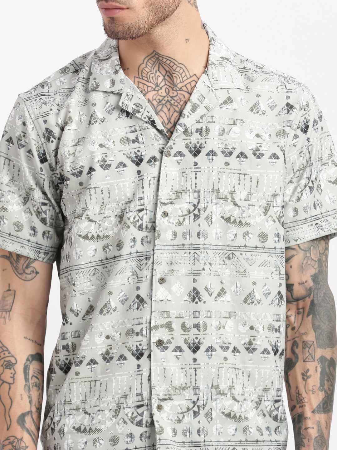 Men Geometric Print Cuban Collar Sea Green Co-Ords Set