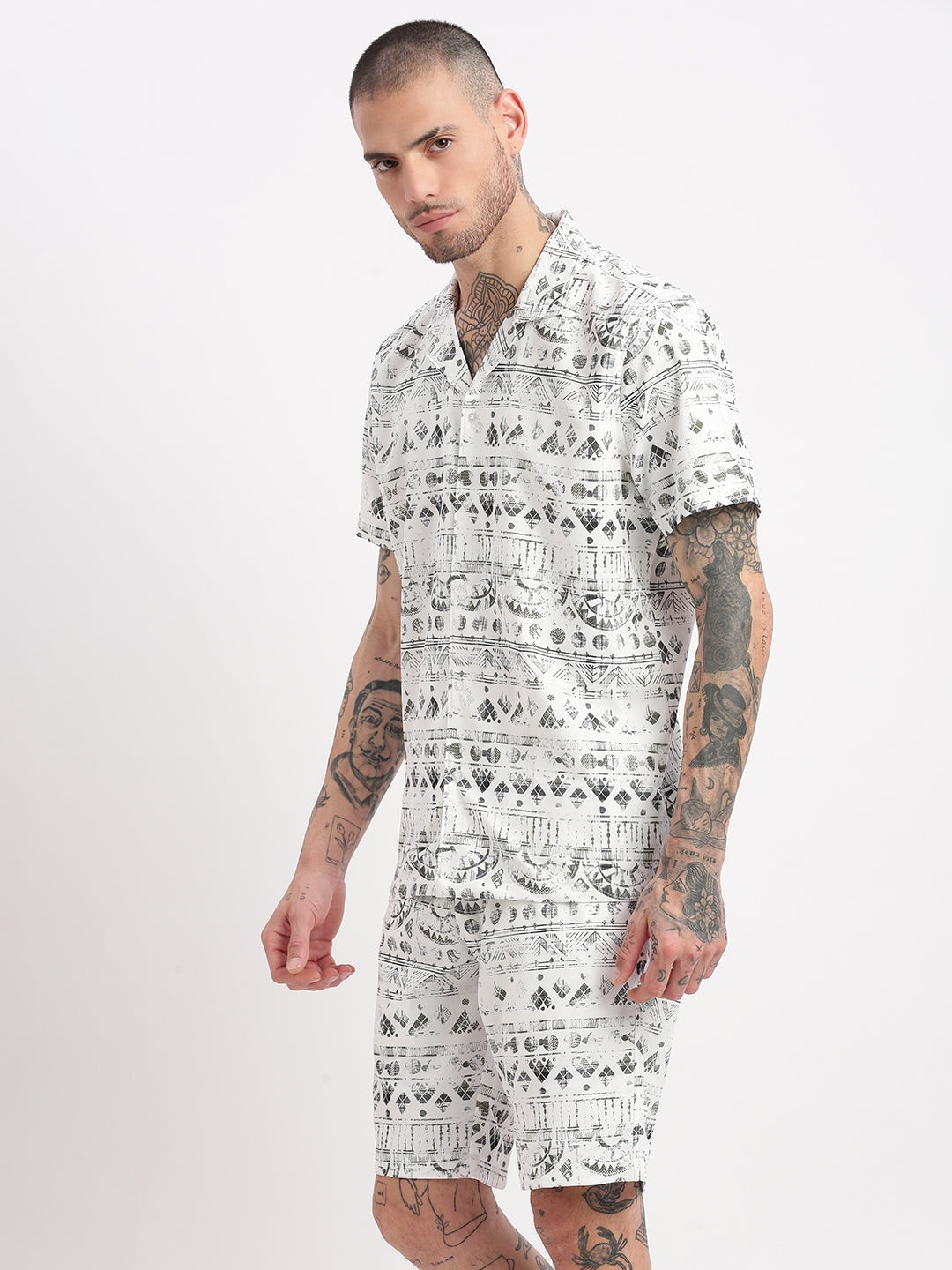 Men's Geometric Print Cuban Collar White Co-Ords Set