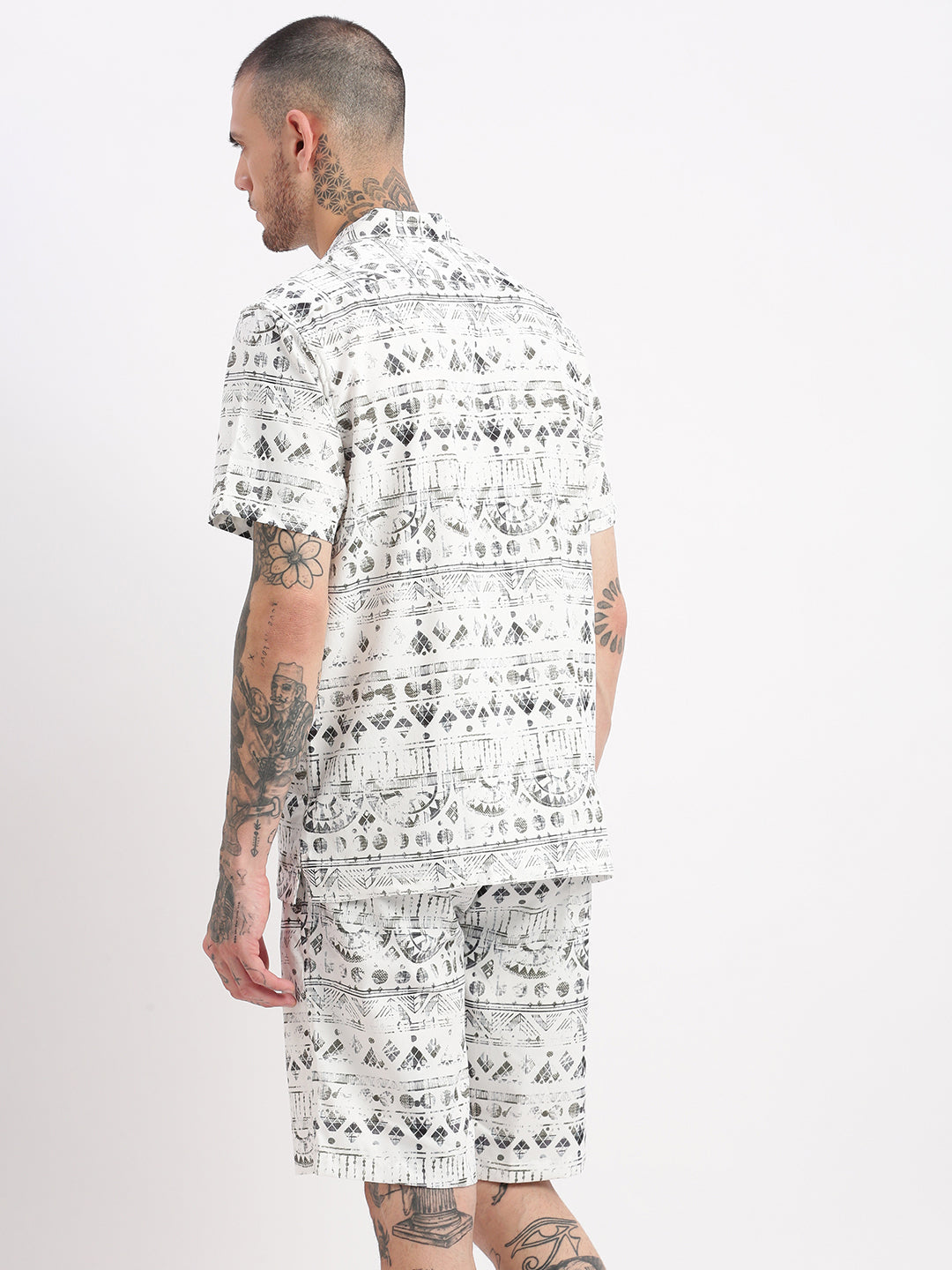Men's Geometric Print Cuban Collar White Co-Ords Set
