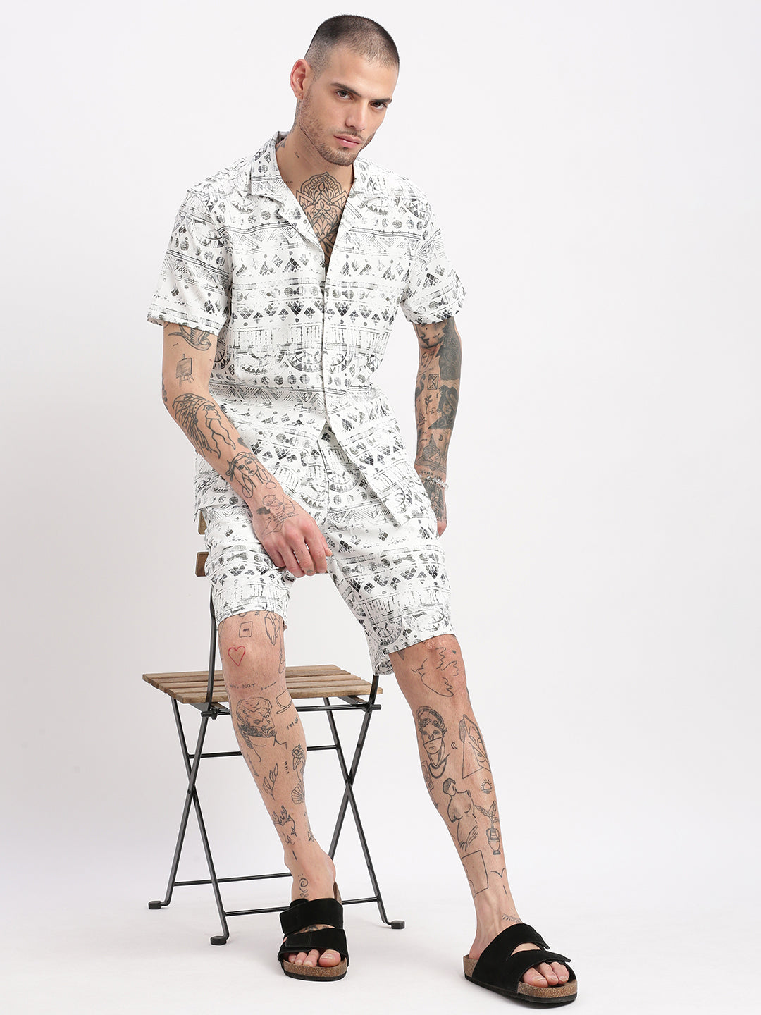 Men's Geometric Print Cuban Collar White Co-Ords Set