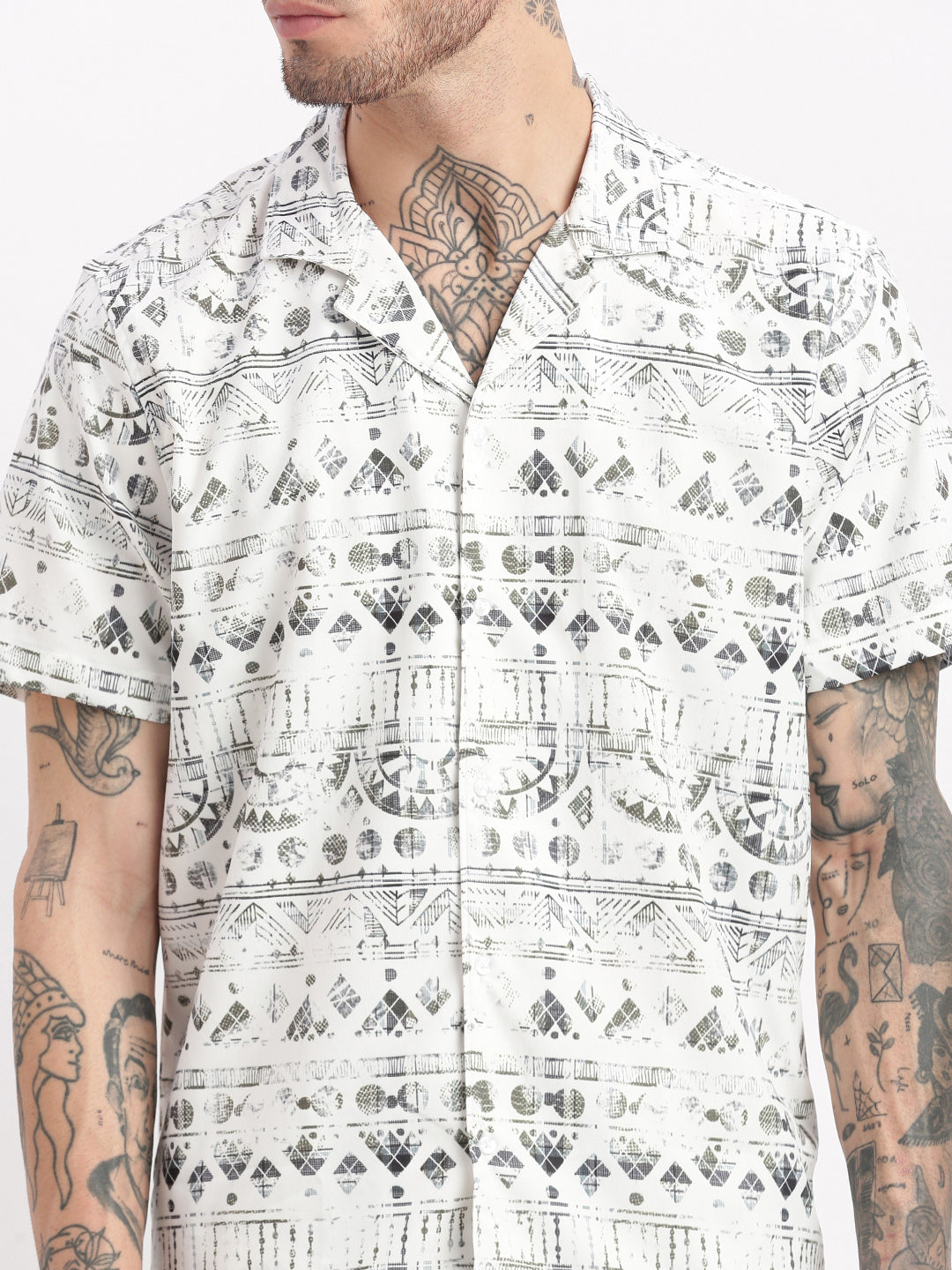 Men's Geometric Print Cuban Collar White Co-Ords Set