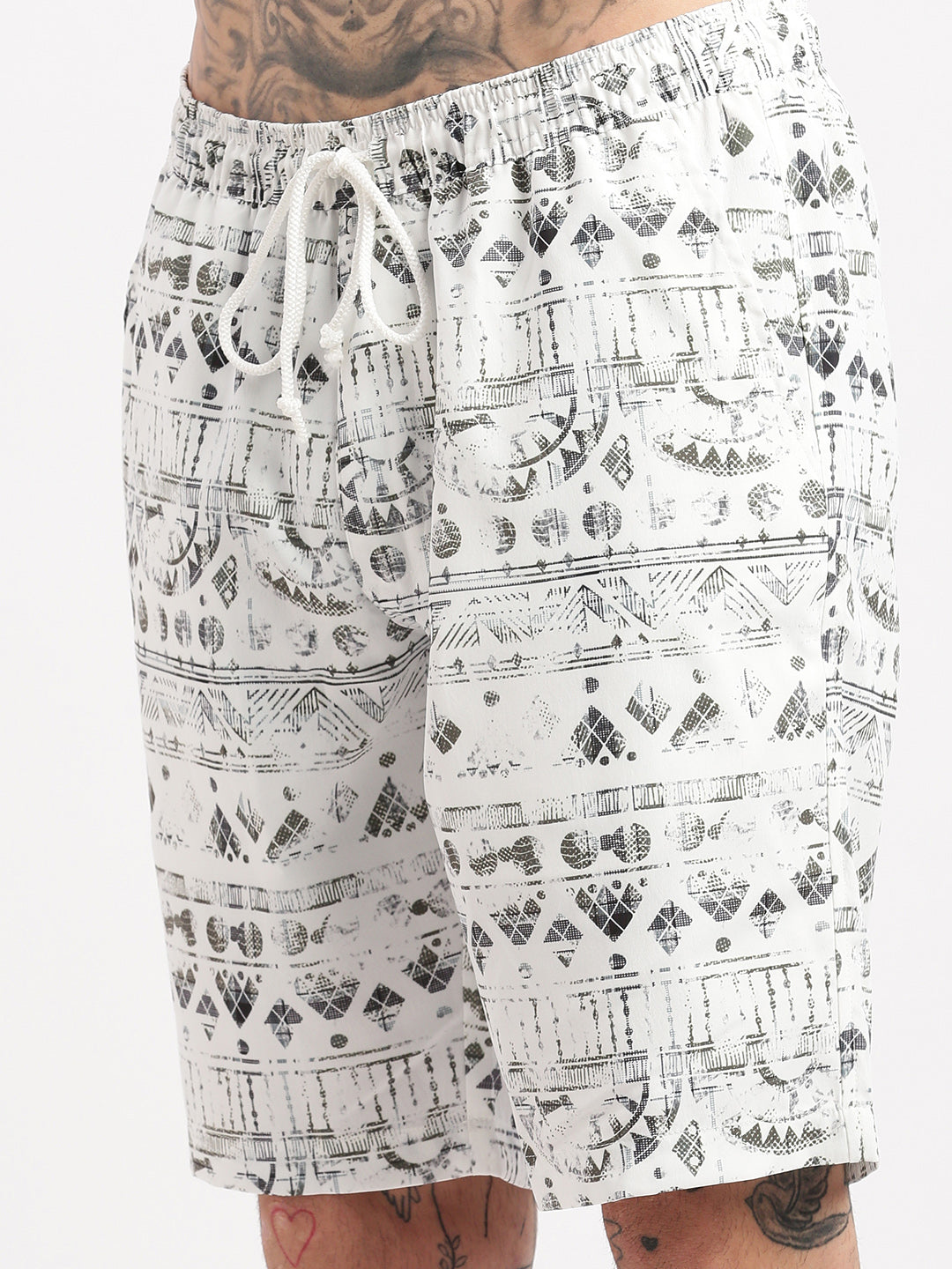 Men's Geometric Print Cuban Collar White Co-Ords Set