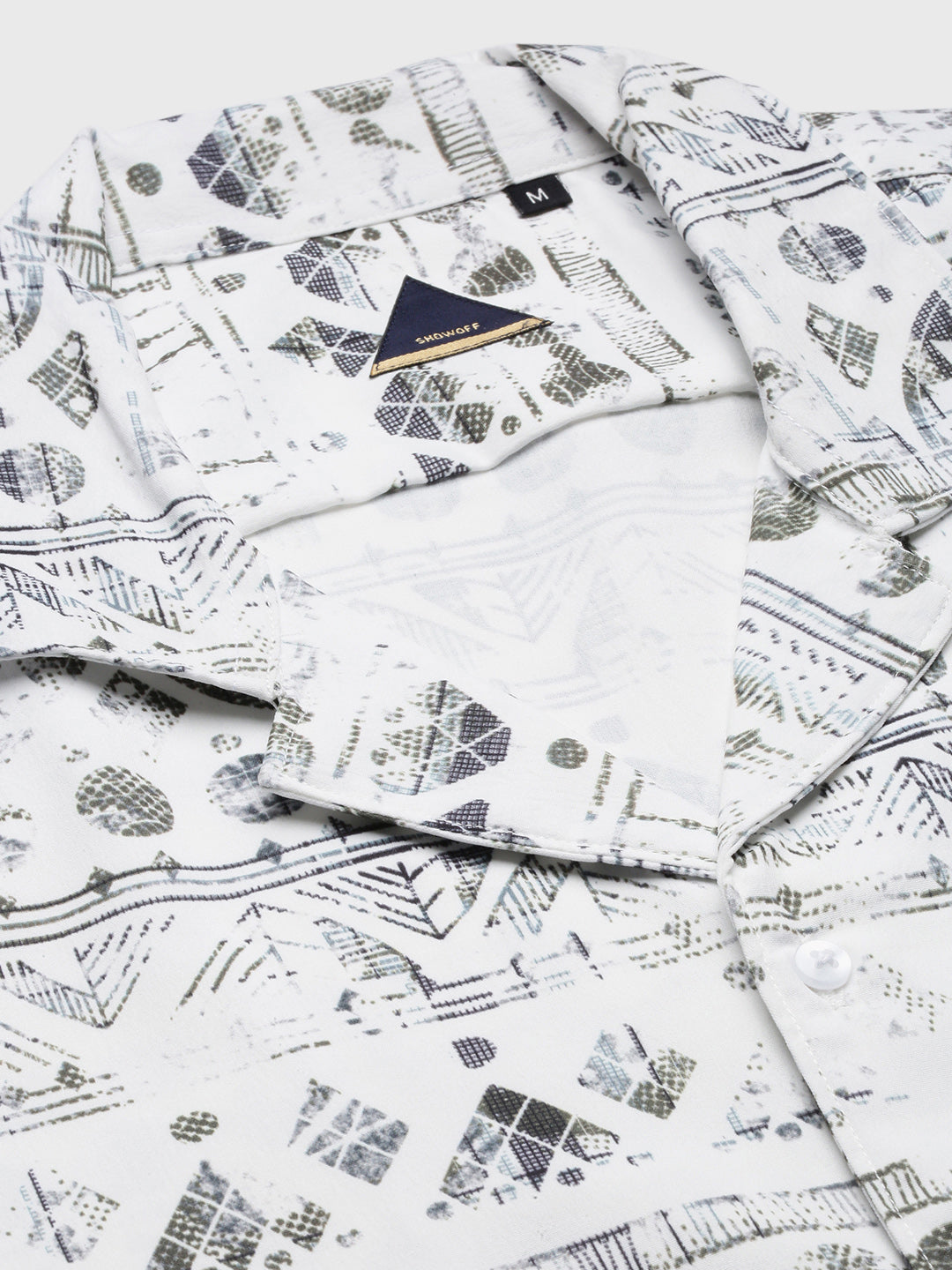 Men's Geometric Print Cuban Collar White Co-Ords Set