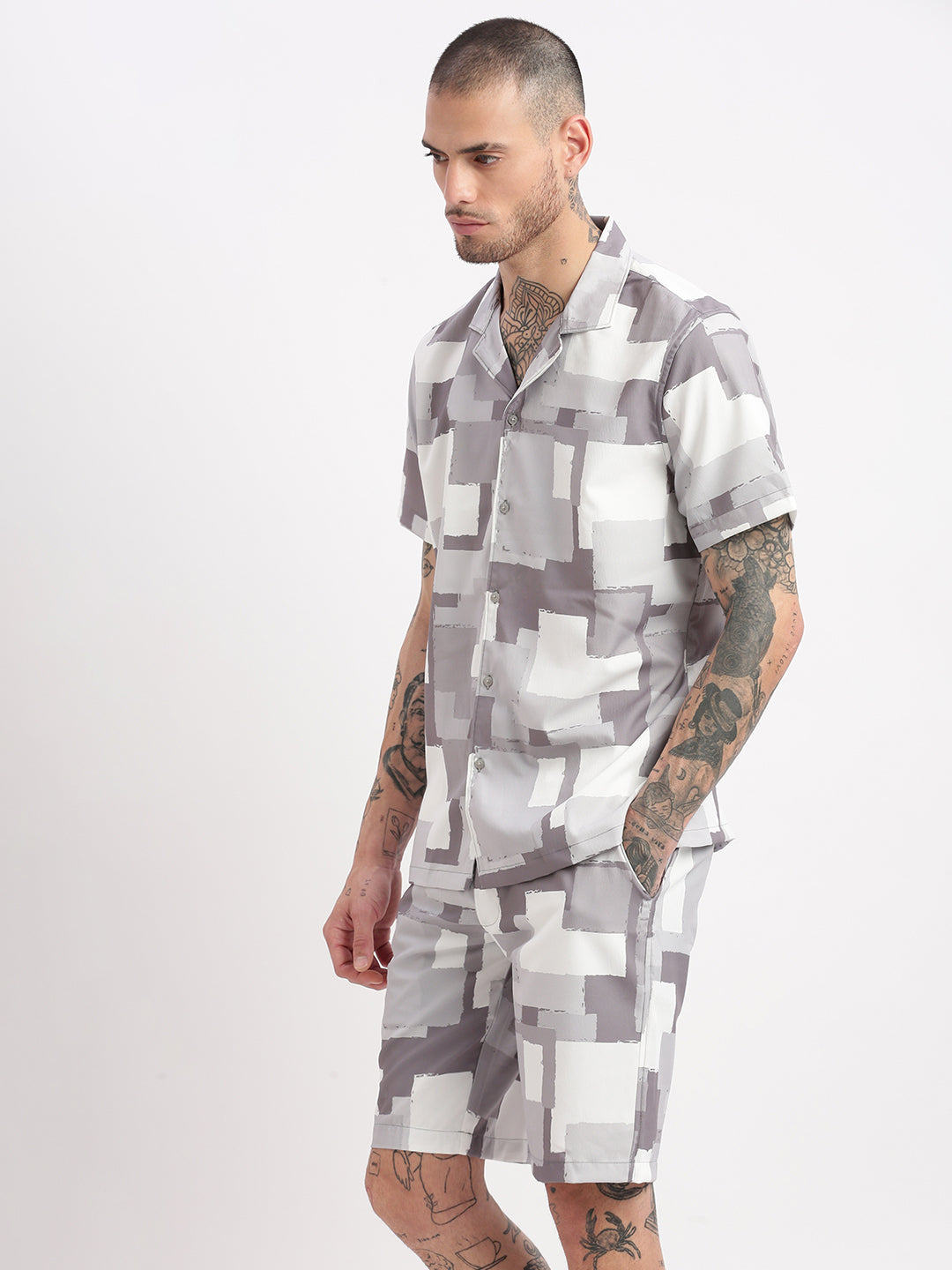 Men Abstract Cuban Collar Grey Co-Ords Set