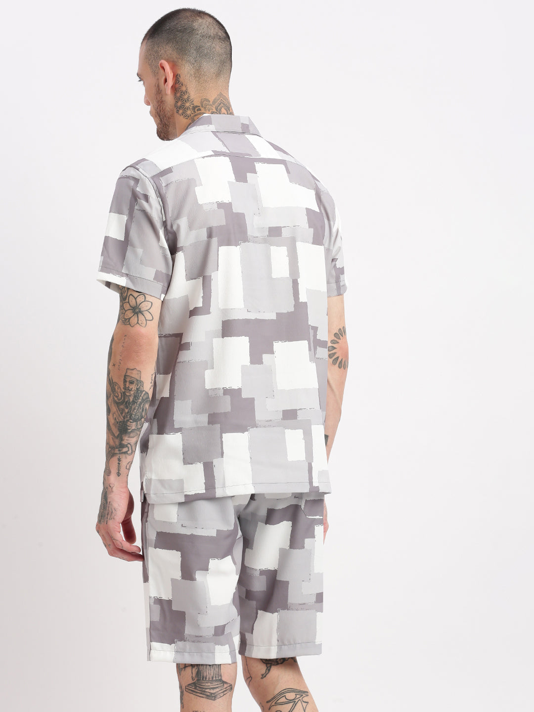 Men Abstract Cuban Collar Grey Co-Ords Set