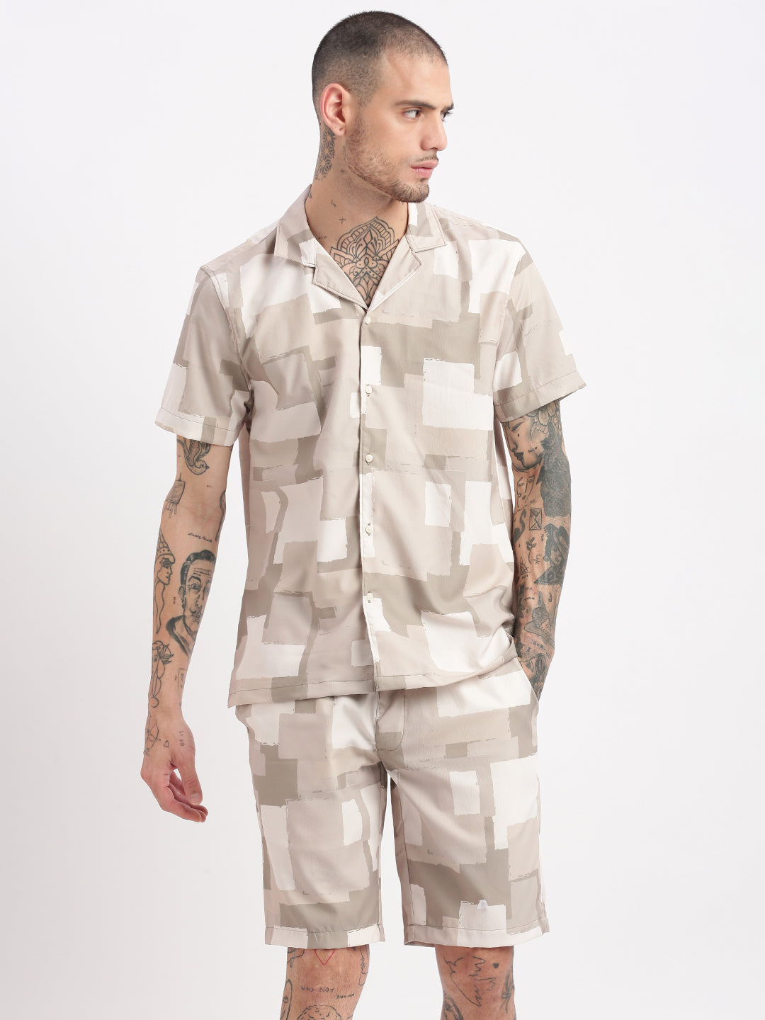 Men Geometric Print Cuban Collar Beige Co-Ords Set