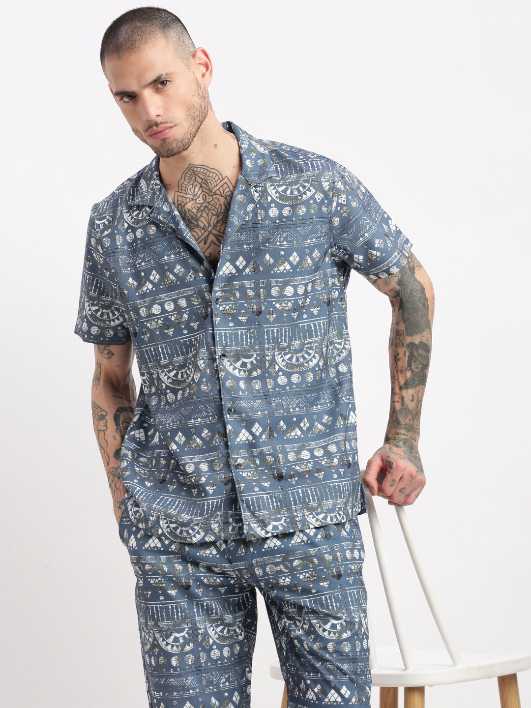 Men Geometric Print Cuban Collar Teal Co-Ords Set