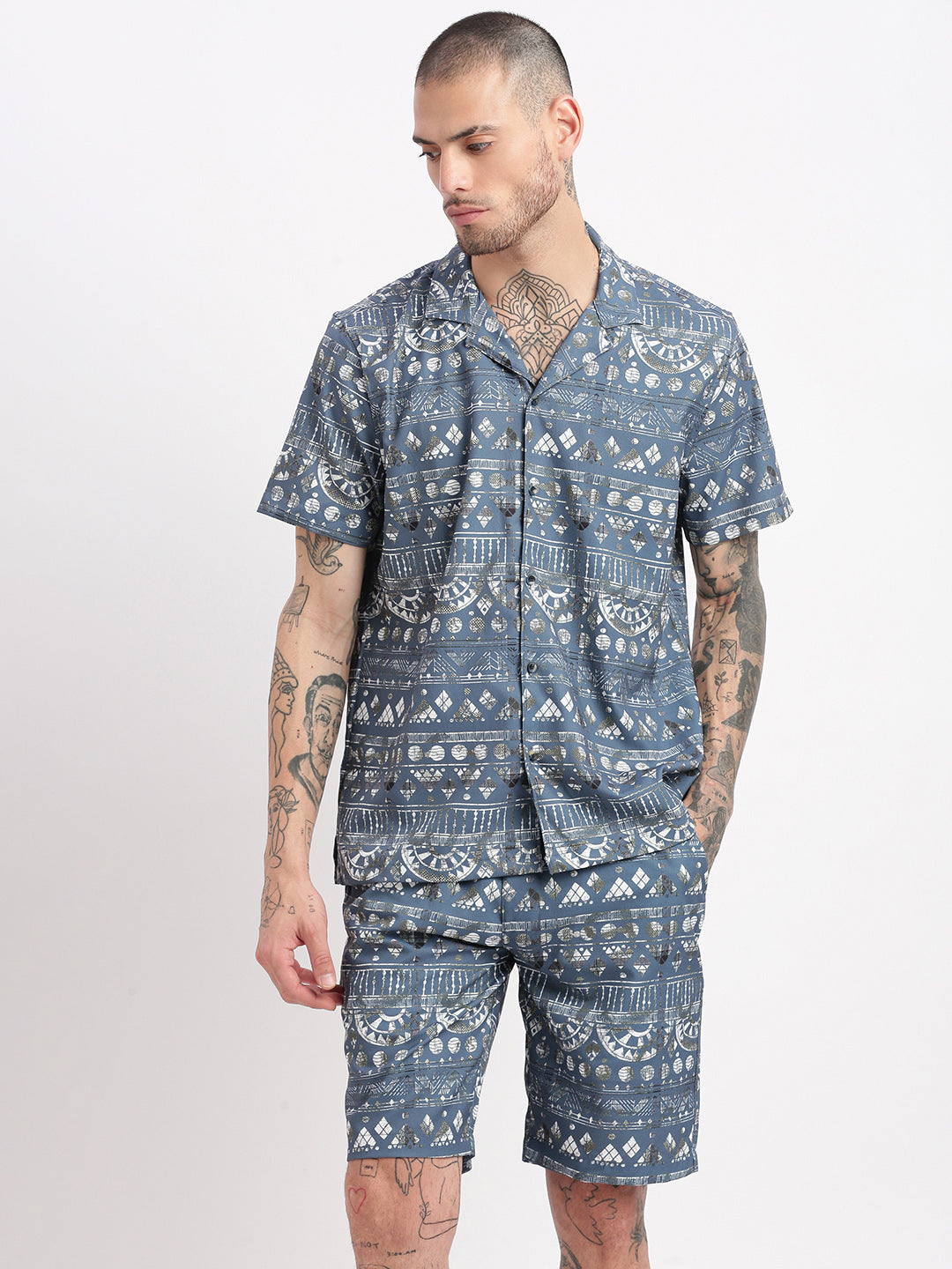 Men Geometric Print Cuban Collar Teal Co-Ords Set