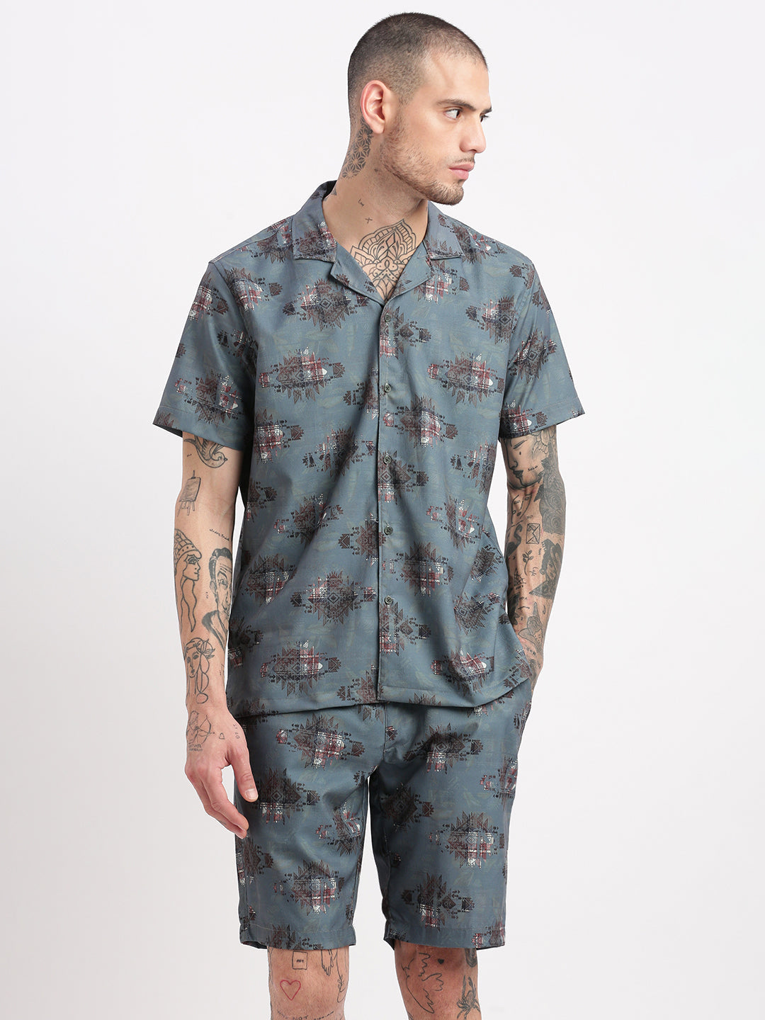 Men Geometric Print Cuban Collar Teal Co-Ords Set