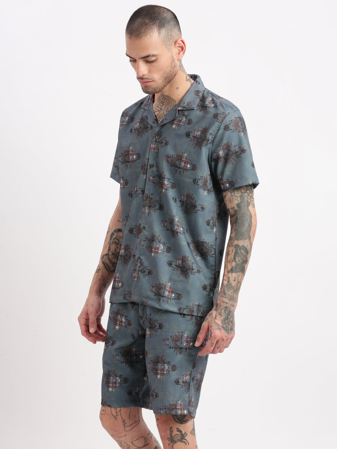 Men Geometric Print Cuban Collar Teal Co-Ords Set