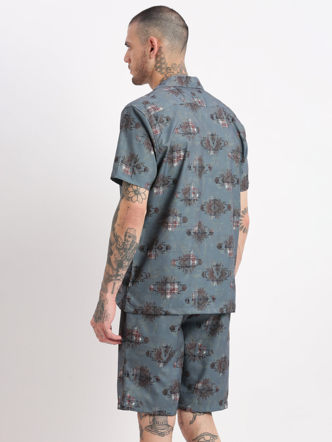 Men Geometric Print Cuban Collar Teal Co-Ords Set