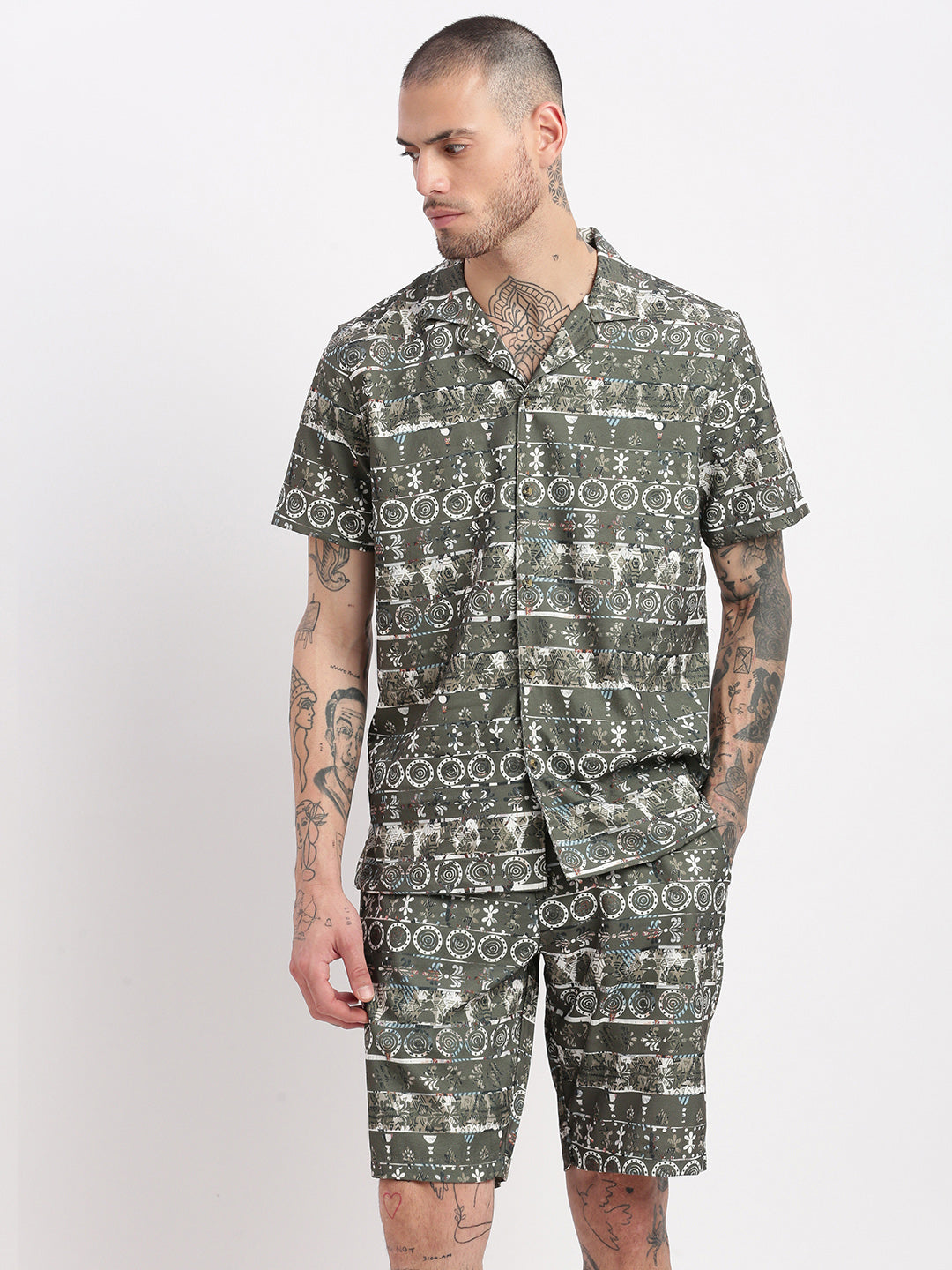 Men Graphic Cuban Collar Green Co-Ords Set