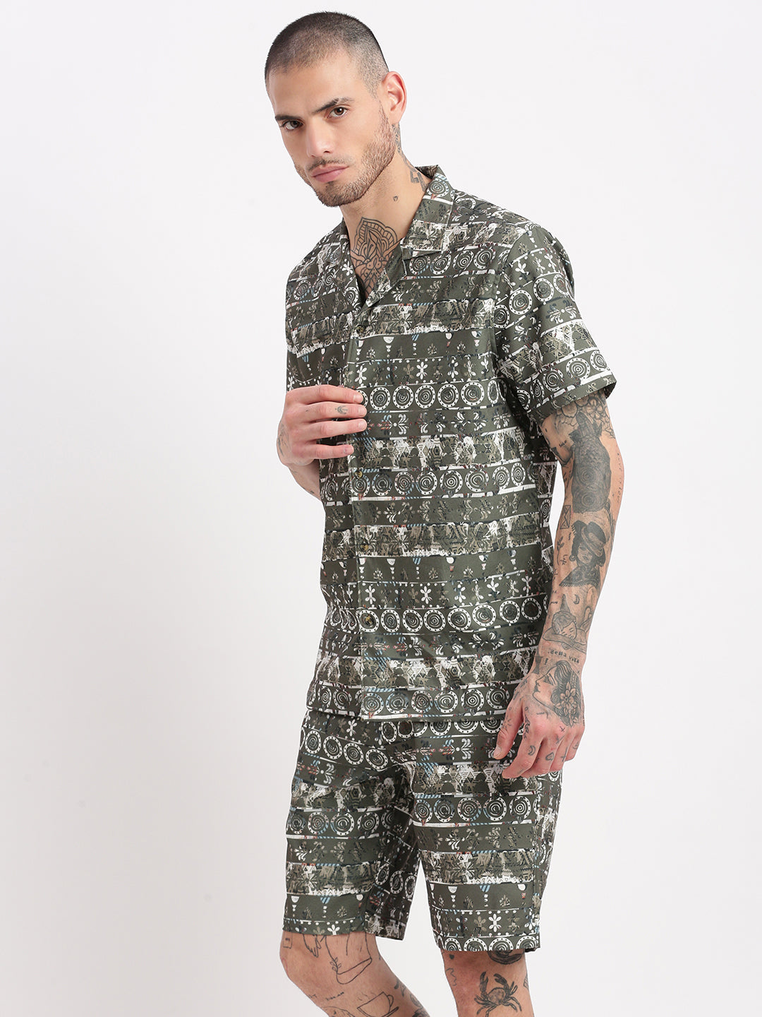 Men Graphic Cuban Collar Green Co-Ords Set