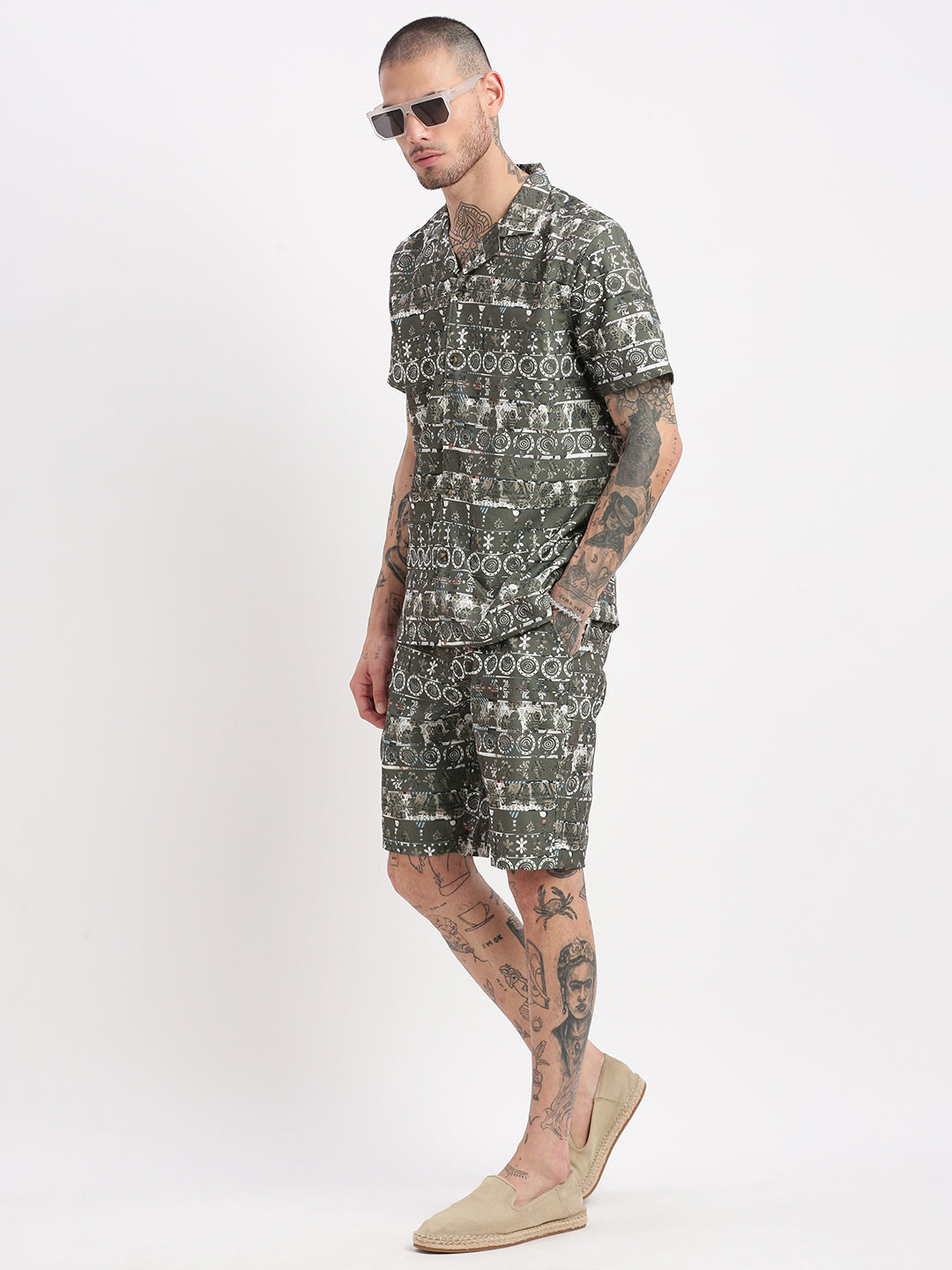 Men Graphic Cuban Collar Green Co-Ords Set