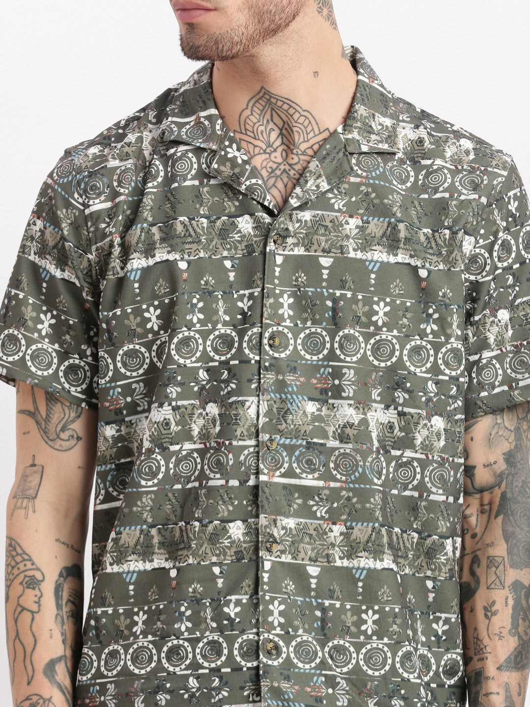 Men Graphic Cuban Collar Green Co-Ords Set