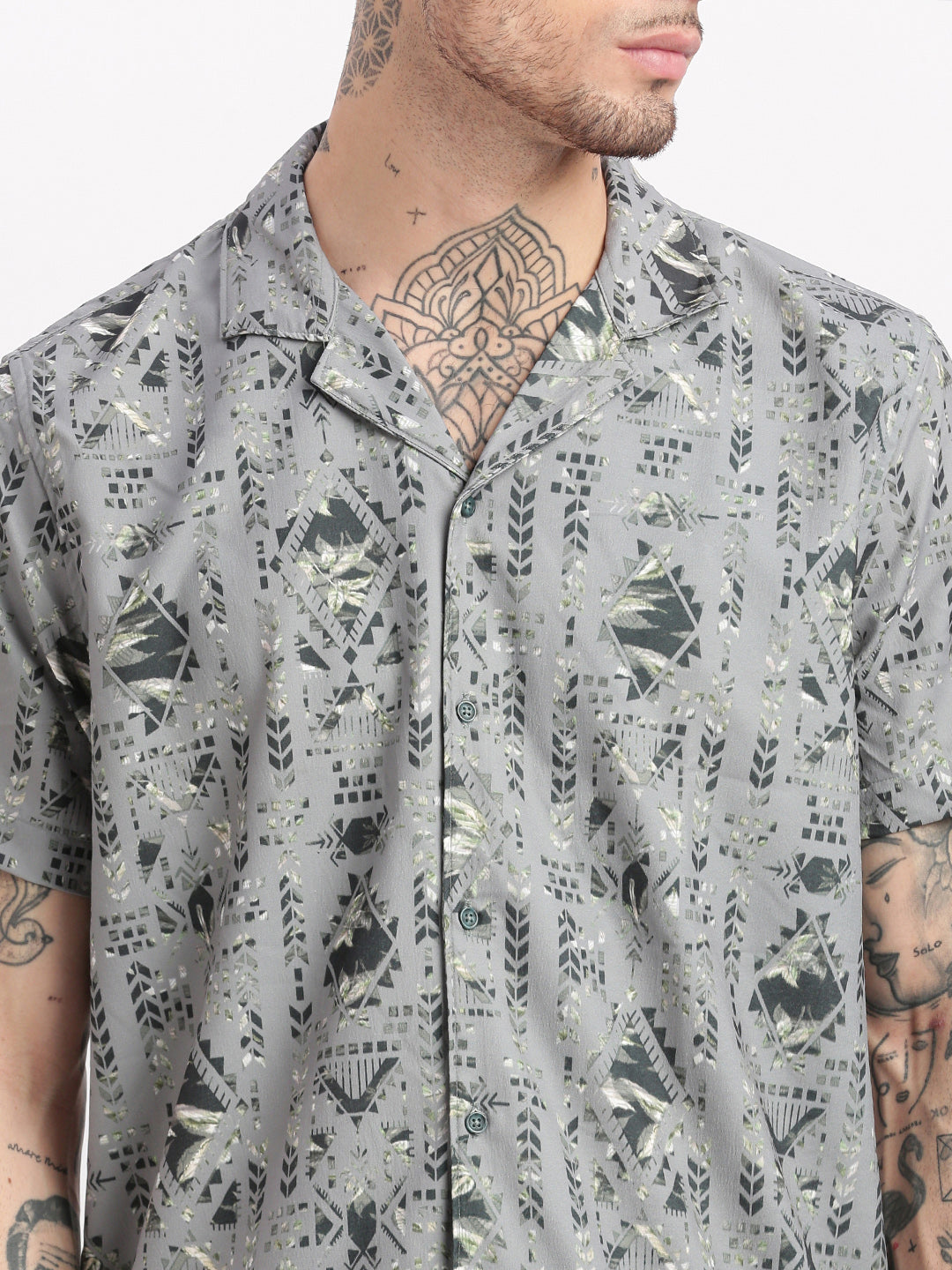 Men Geometric Print Cuban Collar Grey Co-Ords Set