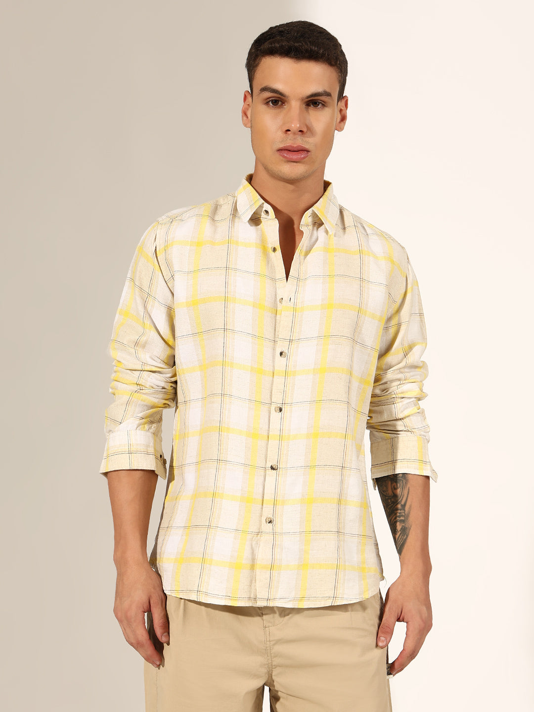 Men's Checked Beige Regular Fit Casual Shirt