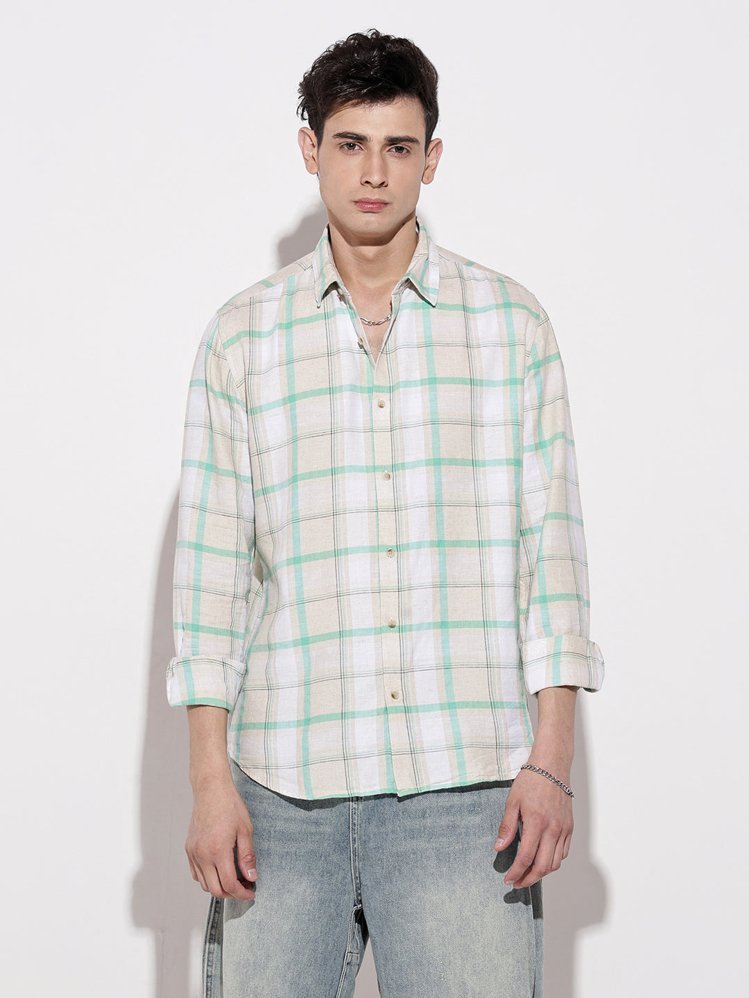 Men's Checked Beige Long Sleeve Regular Fit Shirt