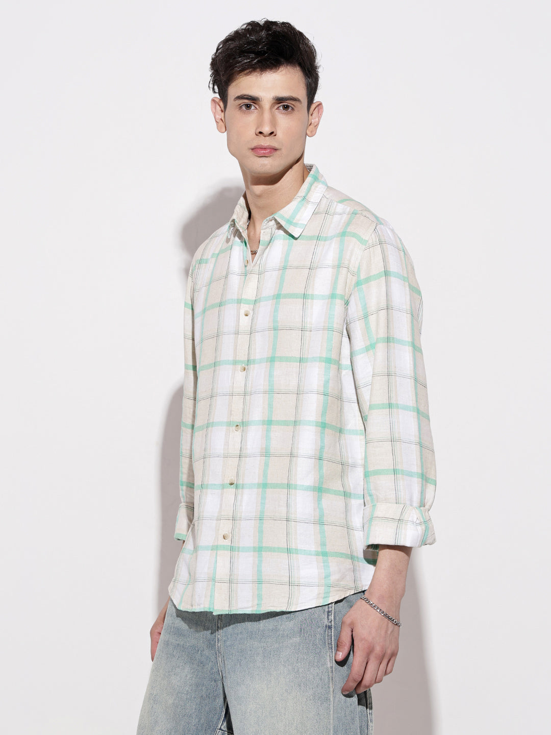 Men's Checked Beige Long Sleeve Regular Fit Shirt