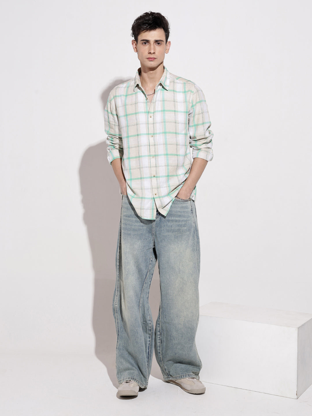 Men's Checked Beige Long Sleeve Regular Fit Shirt