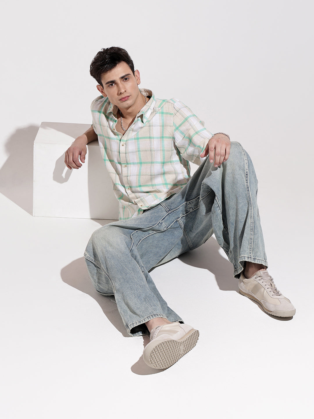 Men's Checked Beige Long Sleeve Regular Fit Shirt