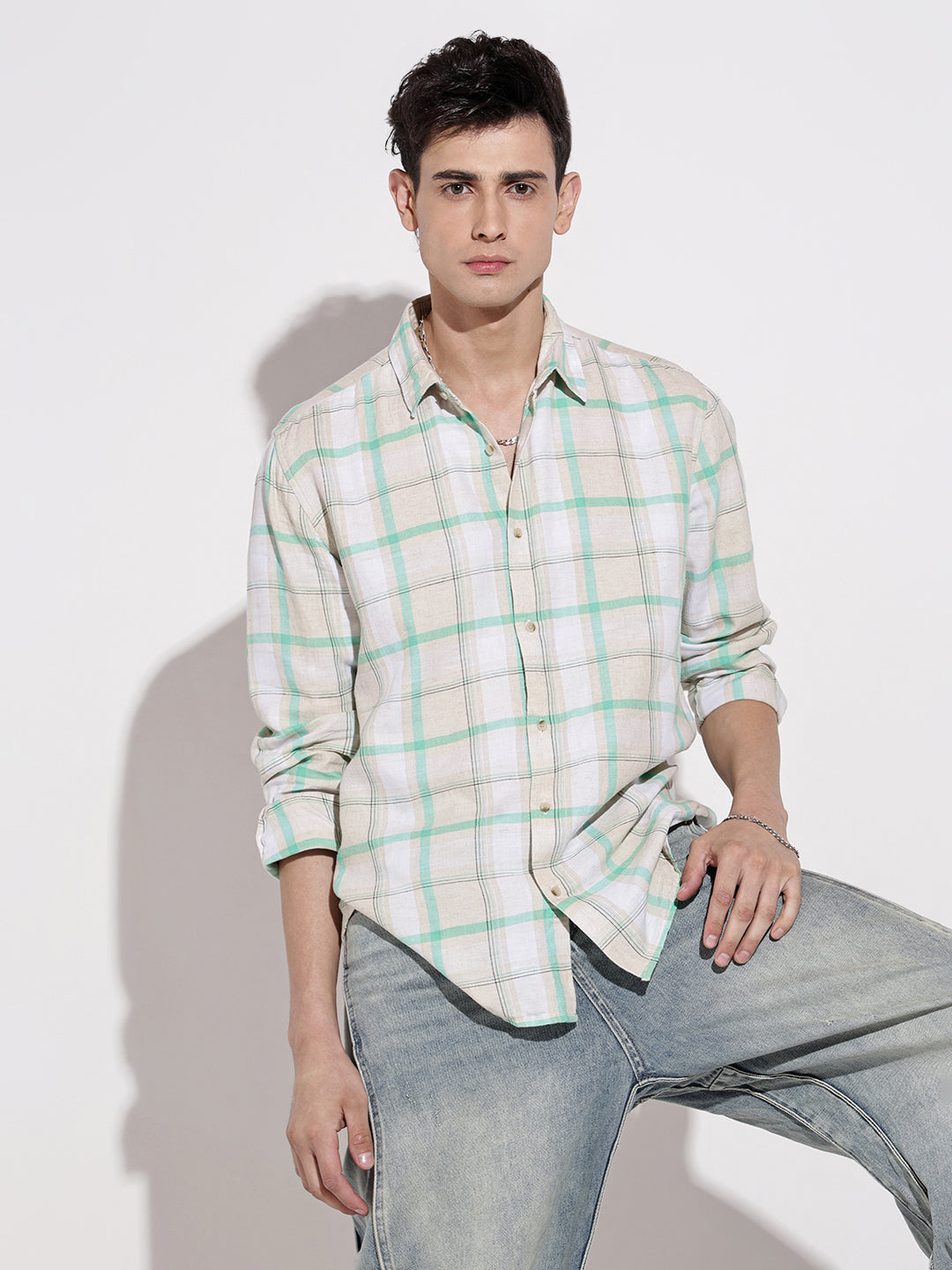 Men's Checked Beige Long Sleeve Regular Fit Shirt