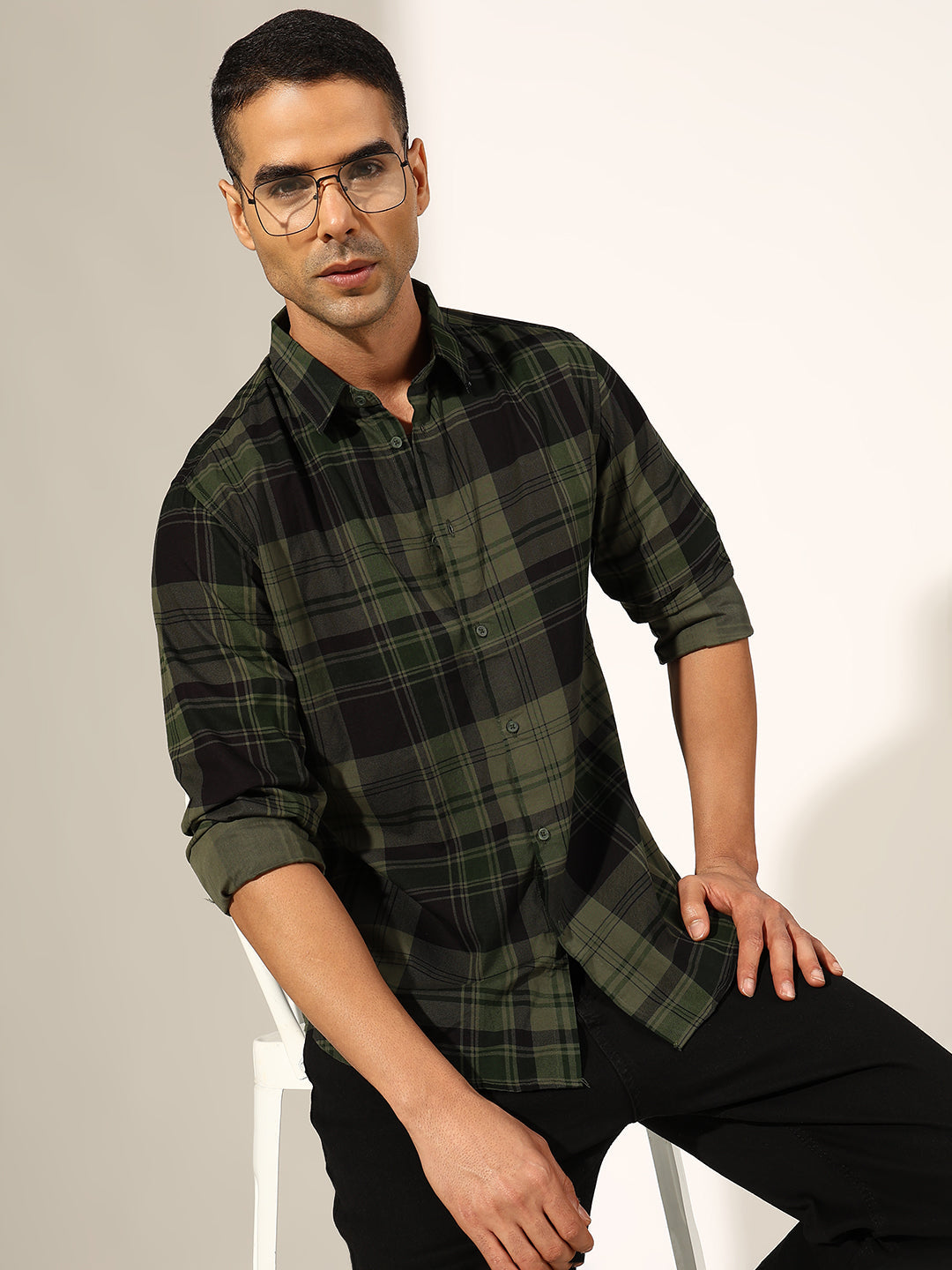 Men's Checked Olive Regular Fit Casual Shirt